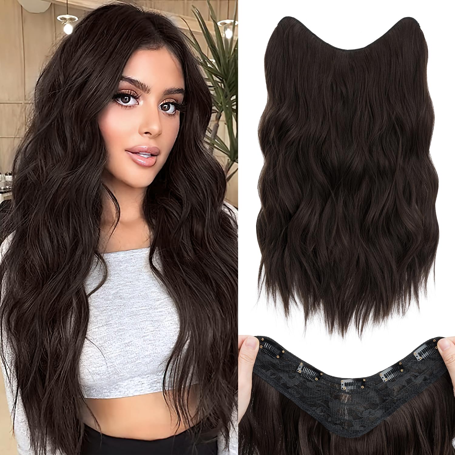 S-noilite One Piece Clip in Hair Extensions 18 Inch U-Shaped Dark Brown Hair Extensions Weft with 5 Clips 3/4 Full Head Long Wavy Synthetic Curly One