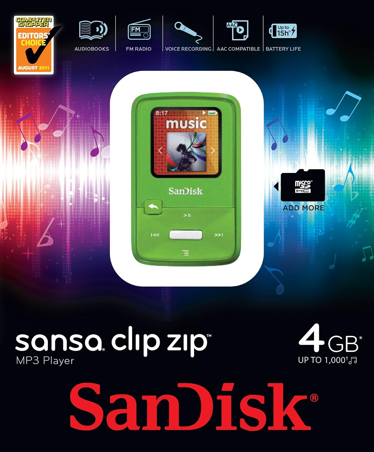 SanDisk Sansa Clip Zip 4GB MP3 Player, Lime With Full-Color Display, MicroSDHC Card Slot and Stopwatch- SDMX22-004G-A57L (Discontinued by Manufacturer)