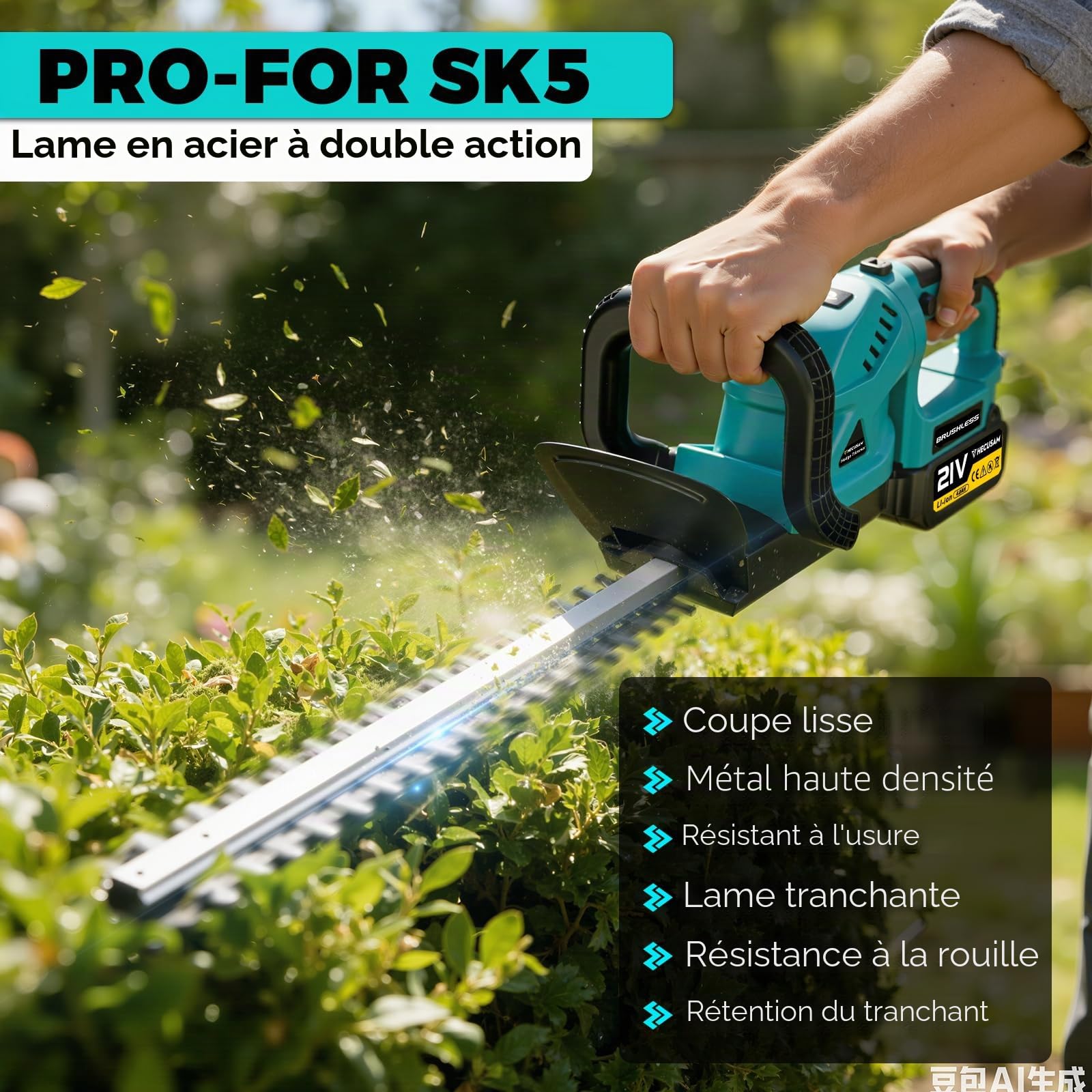 52CM Taille-Haies sans Fil, Moteur sans Balais, Taille Haie Batterie avec 2 Batteries 4,0 Ah, SK5-lame Double Action, diamètre de Coupe 17 mm, PoignéE Pivotante à 180°, pour Haies, Arbres