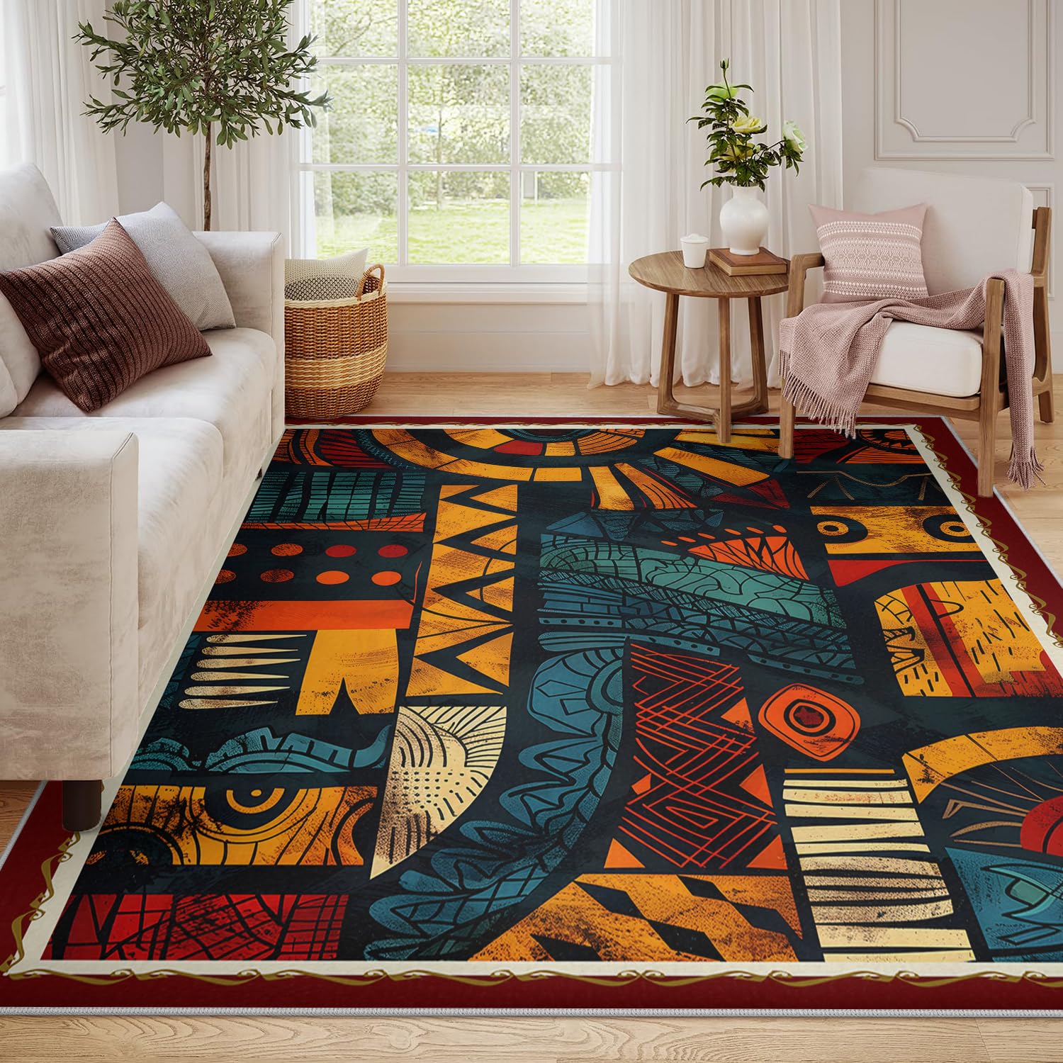 Tappeti tribali africani lavabili, blocchi totem geometrici astratti e tappeti per soggiorno con motivo etnico azteco, tappeto morbido a pelo basso per camera da letto e sala da pranzo 80x120cm