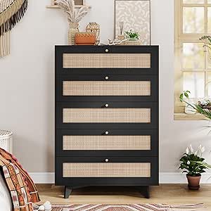 Amazon.com: VIAGDO Black Rattan Dresser for Bedroom, 5 Drawer Dresser ...