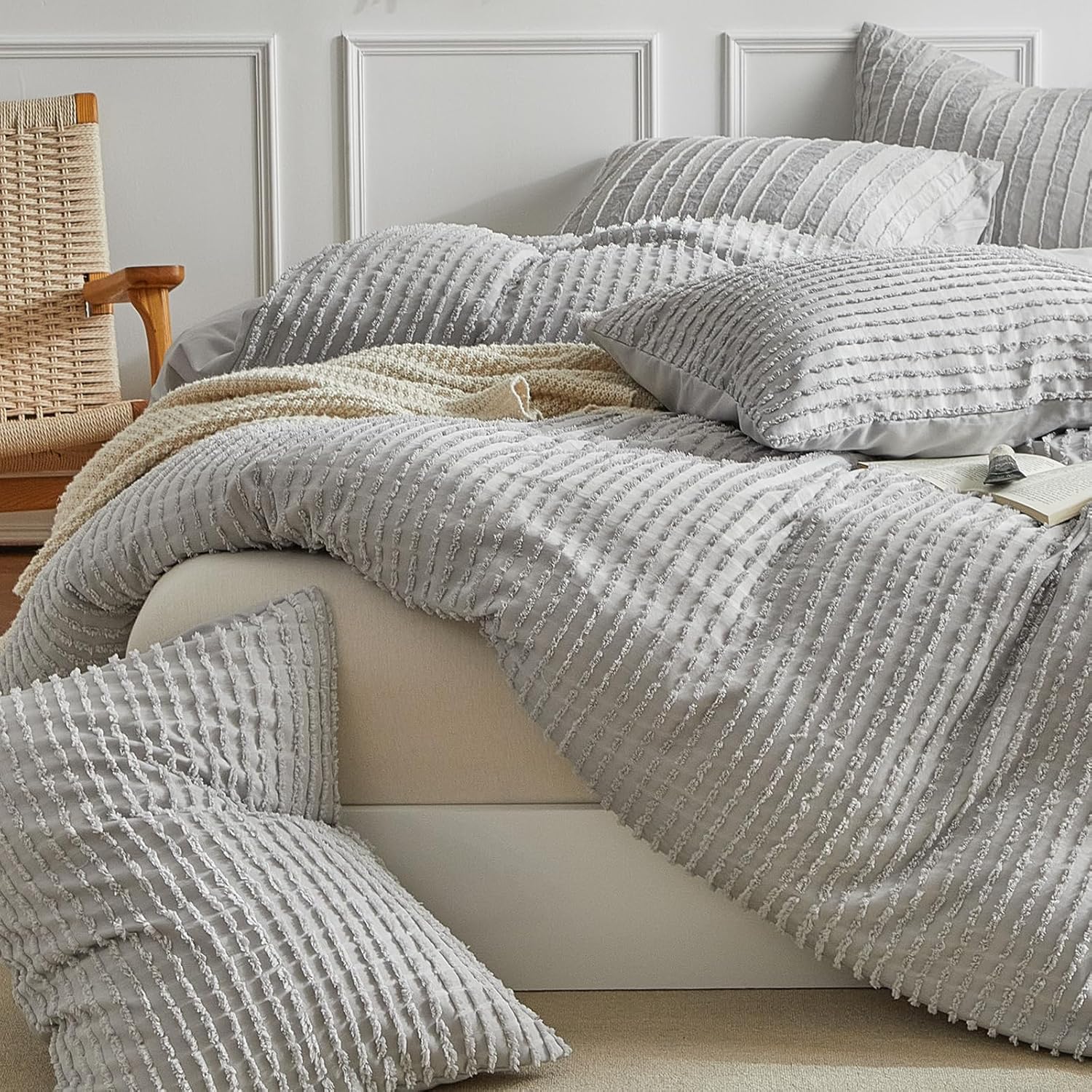 WARMDERN Boho Duvet Cover Set Queen Size,Grey Striped Duvet Cover Microfiber Bedding Set,3PCS Ultra Soft Breathable Lightweight Tuft Texture Pattern Duvet Covers with Zipper Closure(Grey,Queen) - Image 2