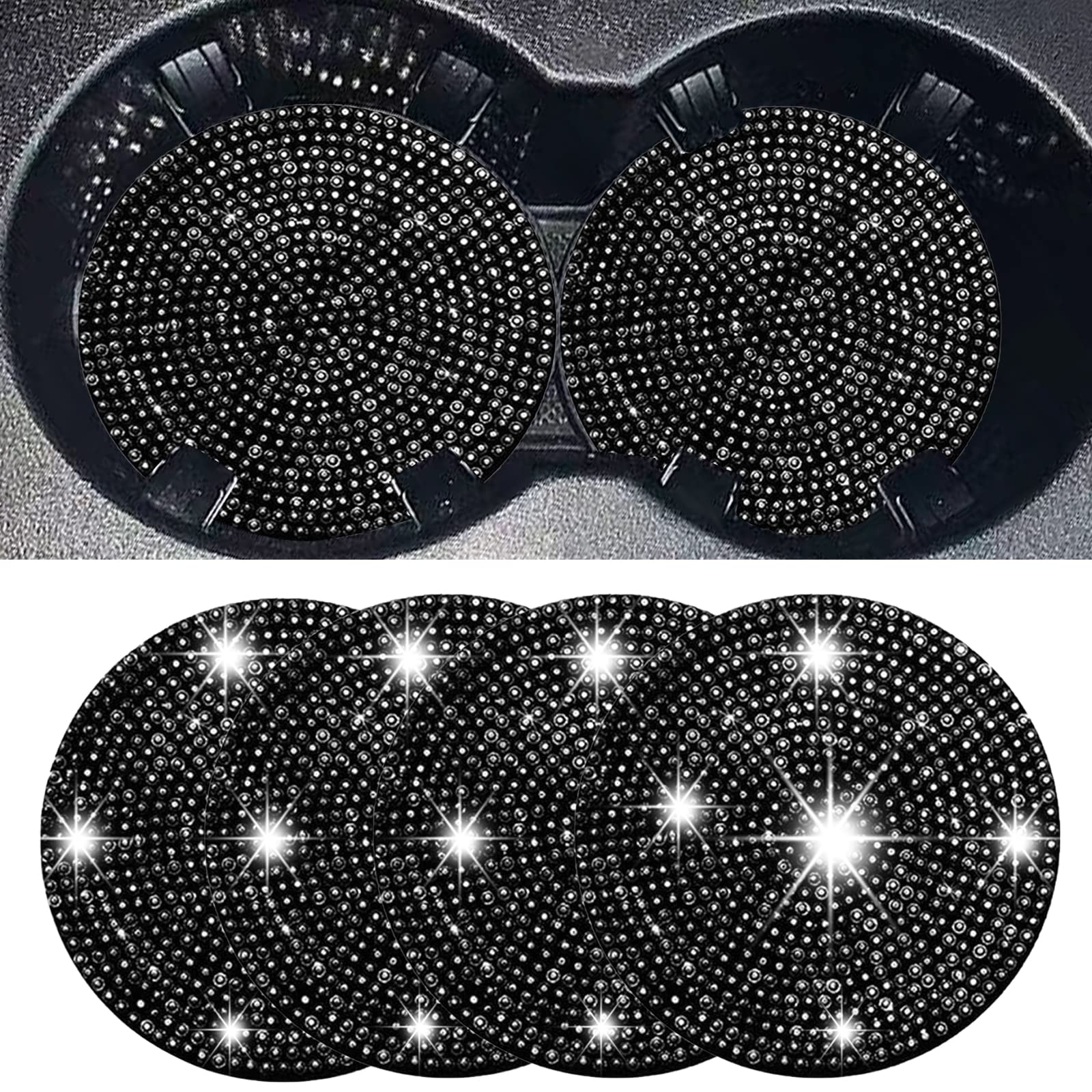 4 PCS Bling Cup Holder Coasters for Car, Universal Fashion Anti-Slip Shockproof Car Coaster, Auto Automotive Interior Accessories, Crystal Rhinestone Car Cup Holder Accessories (Black)