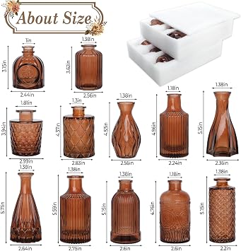 12-Piece Glass Bud Vase Set Small Caramel Coffee Brown | Etched Glass Vases with Unique Shapes and Weighted Base for Windowsills, Bathrooms, and Table Centerpiece Decor