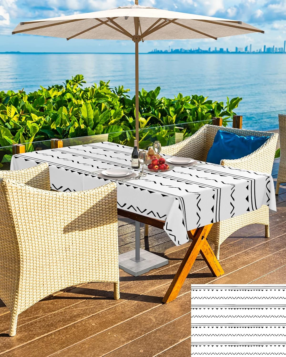 Outdoor Tablecloth with Umbrella Hole and Zipper Boho Black White Rectangle Outdoor Tablecloths 60x102 Waterproof Table Cloths Geometric Stripes Patio Table Cloth Cover for Outdoor Tables BBQS Garden