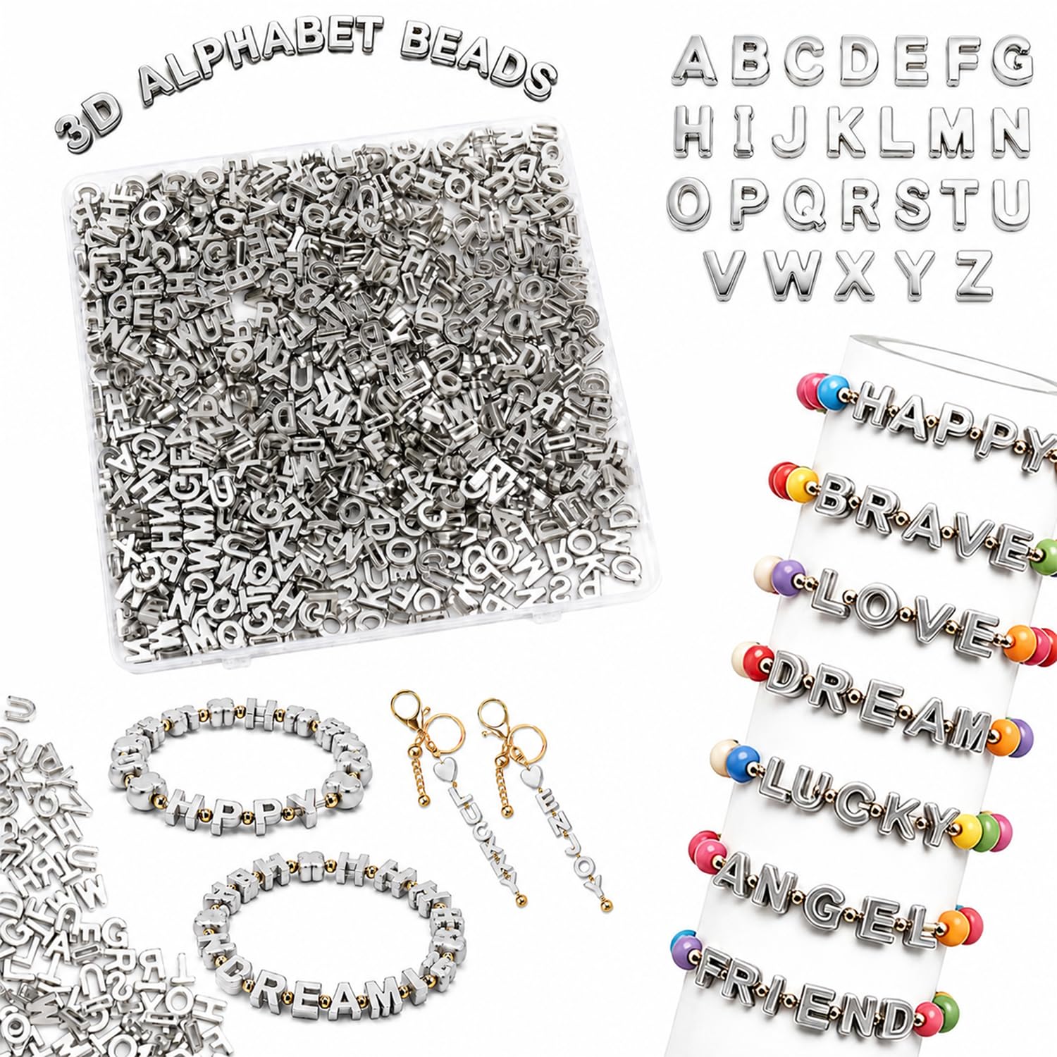 700PCS Large Letter Beads, 12MM Colourful 3D A–Z Alphabet Beads