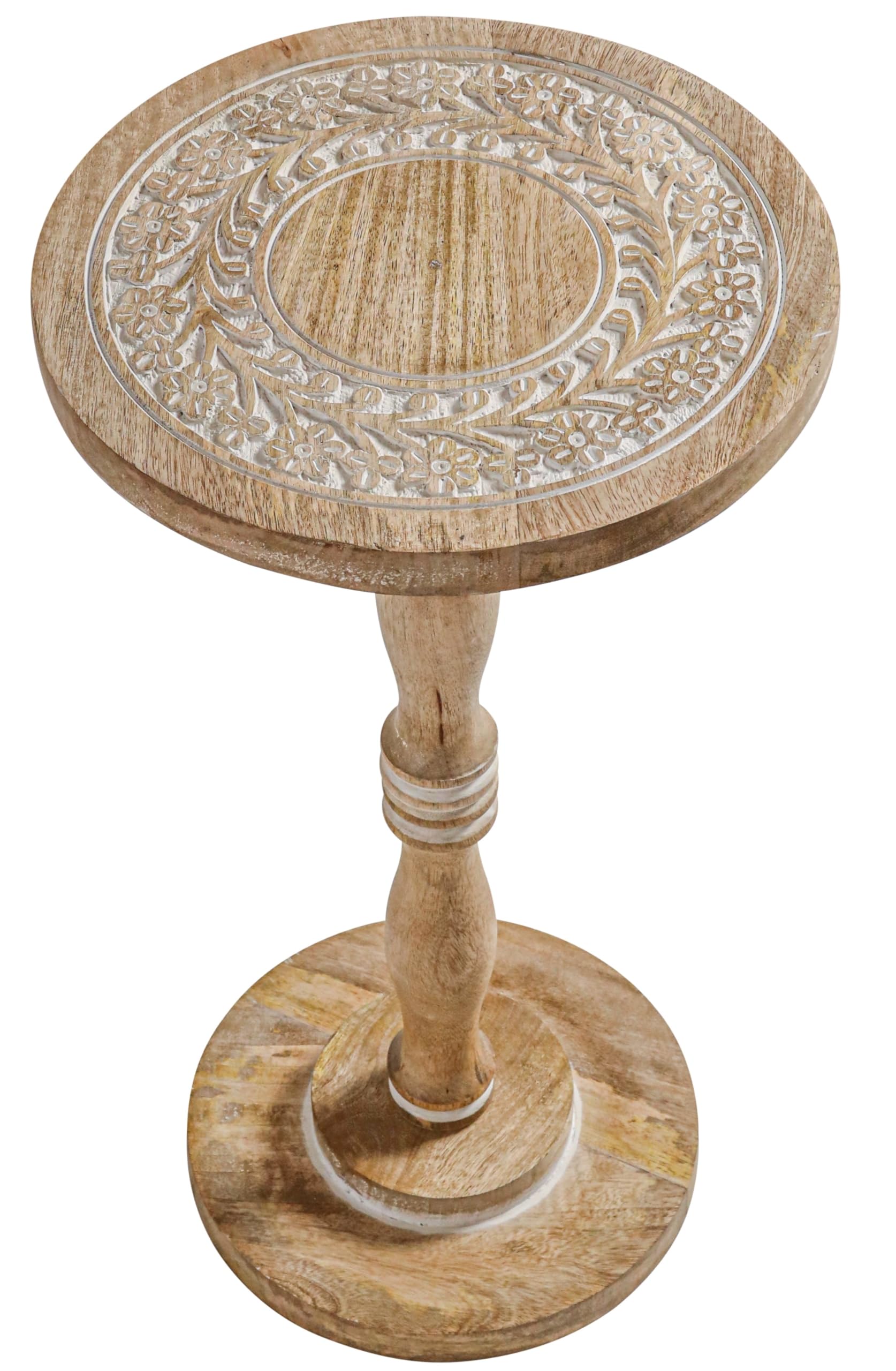 Hand-Carved Solid Wood End Table 12x22", White Wash Accent Stand
