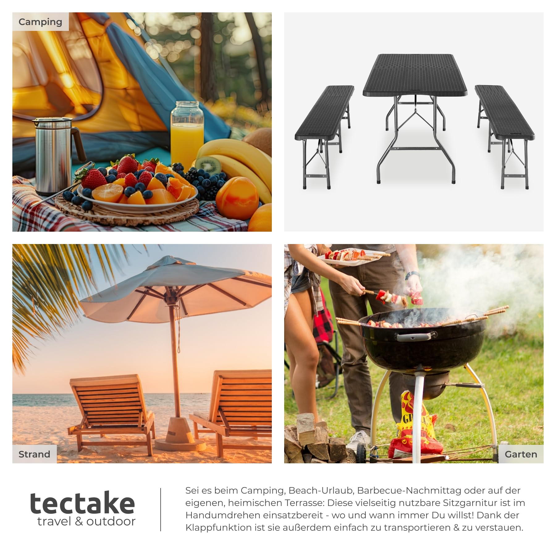 tectake® 3-teiliges Gartenmöbel Set, klappbarer Campingtisch mit 2X Bierbank, Balkonmöbel, Garten oder Terrassentisch Set, Bierzeltgarnitur, mit Tragegriffen, 180cm lang (schwarz) | Hohe Belastbarkeit 500 kg pro Bank, bodenschonende Kunststoffkappen, Trag