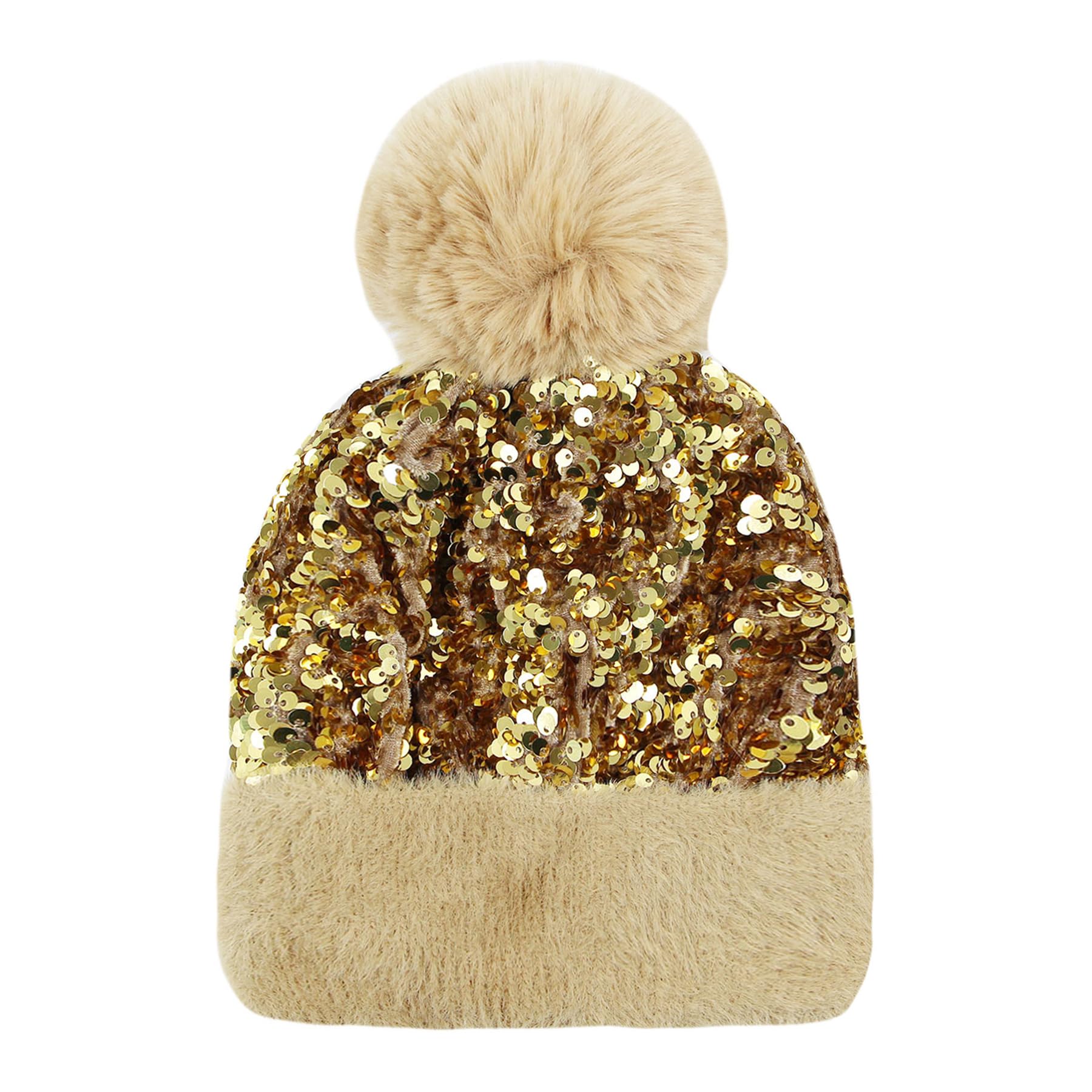 LEOMOSTE Women Girls Winter Sequin Beanie Hat with Faux Fur Pom Pom Knit Skull Cap Gold
