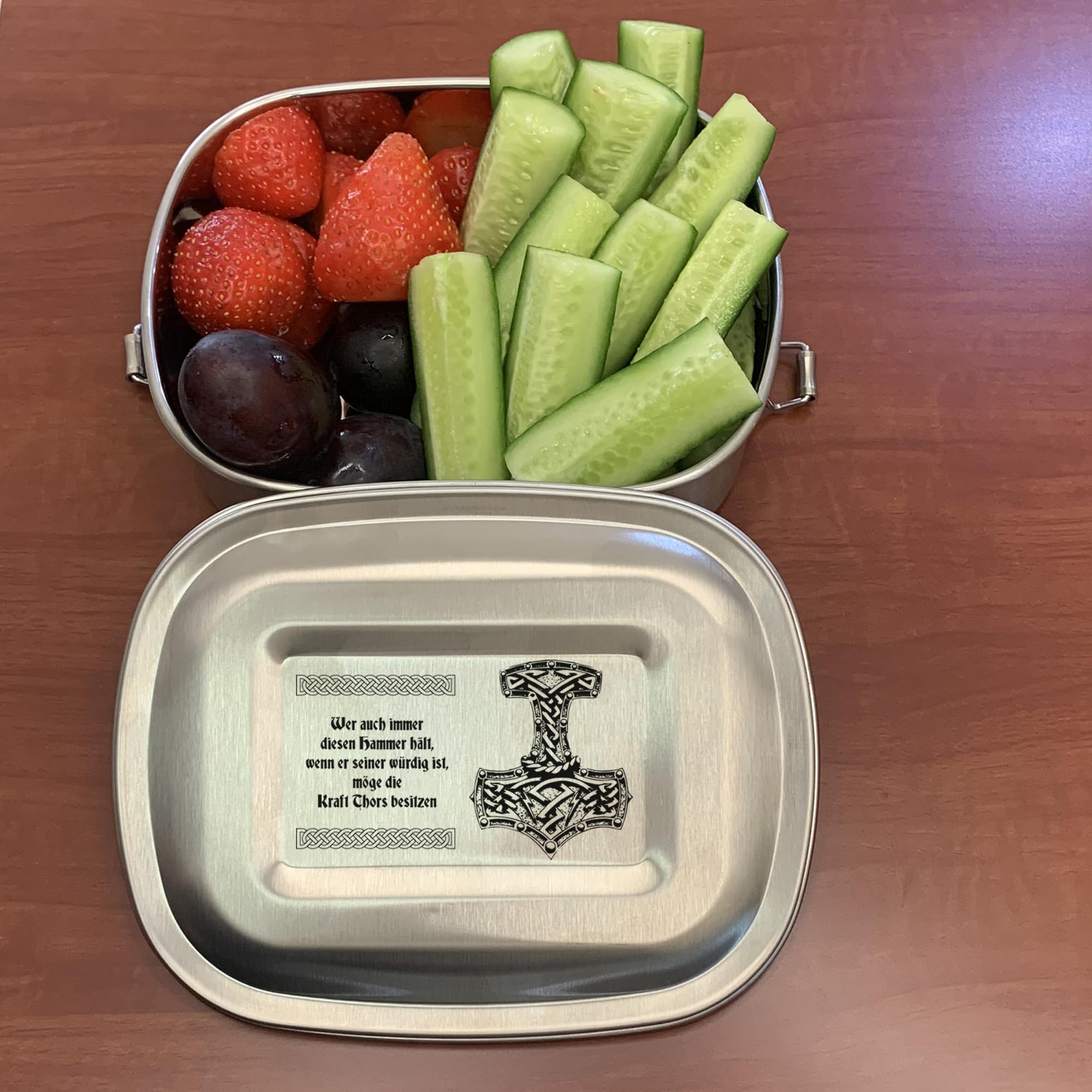 Edelstahl Brotdose Lunchbox mit Gravur Thors Hammer Mjölnir personalisiert mit Wunschgravur Name Wunschtext 3 Größen zur Auswahl Wikinger (Lunchbox Thors Hammer Set (kleine und große Dose))