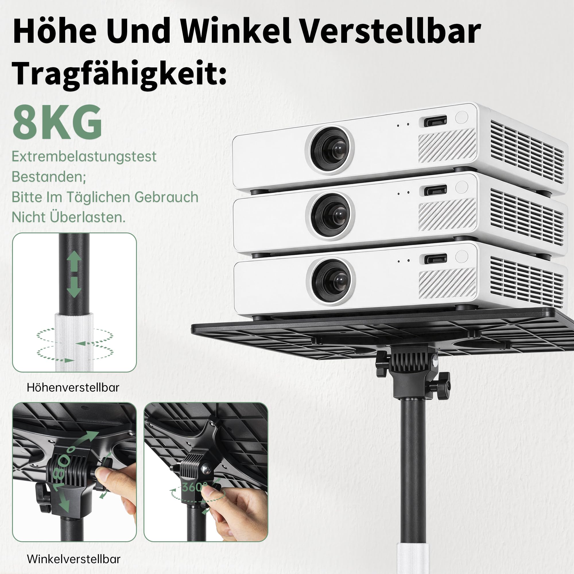 AKOZLIN Projektorständer, höhenverstellbar 57-129 cm, Metall | Belastbarkeit 8 kg, 360° drehbar, Bodenständer, Kompatibel mit DJ-Regal/Kamera/Laptop
