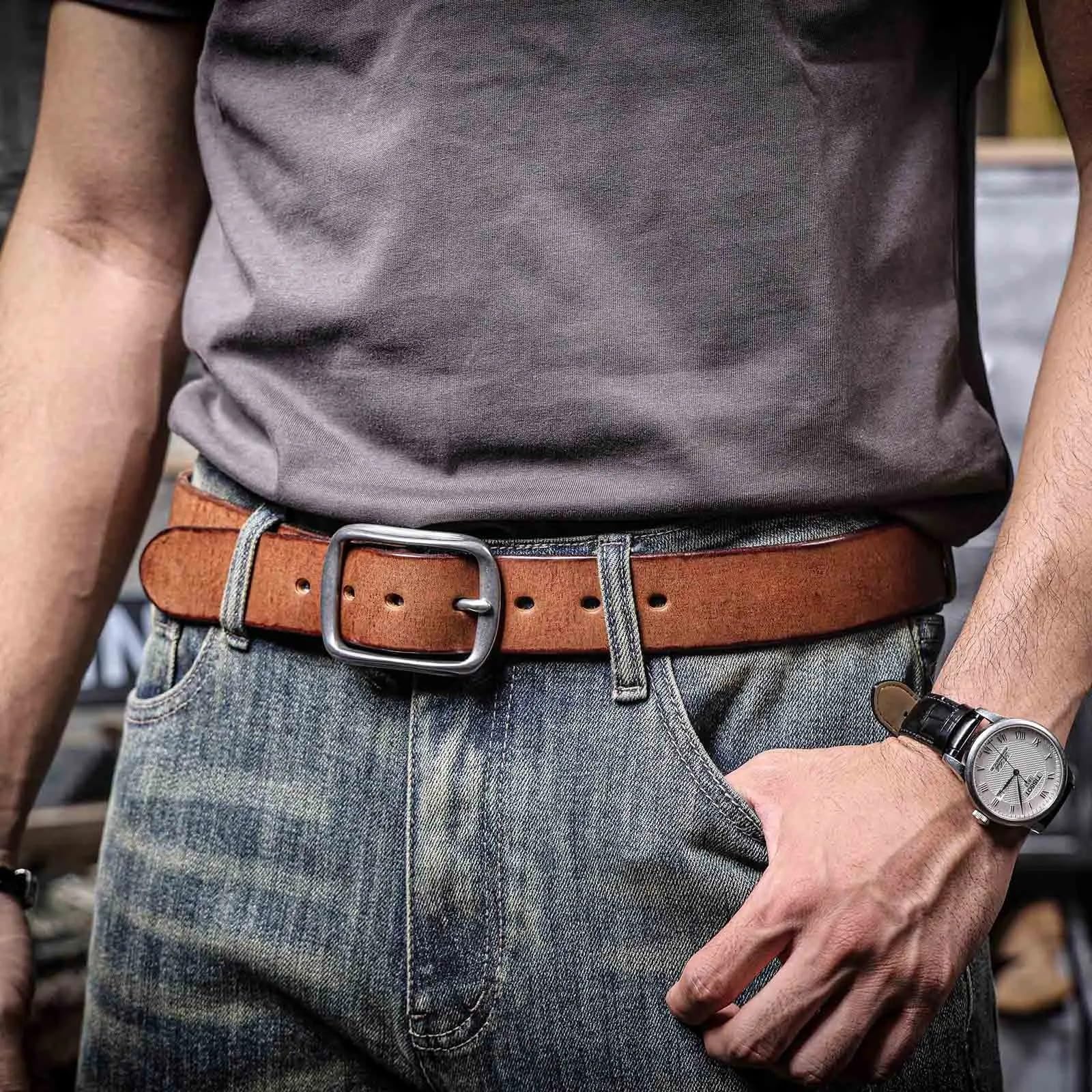 Cinturones de cuero genuino vintage para hombre, hebilla de acero inoxidable, cuero grueso con