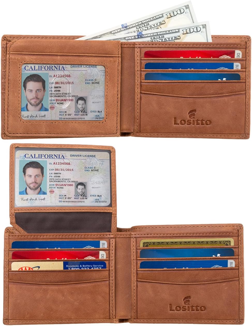 2 ID Window RFID Blocking Wallet for Men, Bifold Wallet, Sleek and Stylish Gift for Men, Multi Card Extra Capacity Travel Wallet (Large, Desert Brown-Distressed full grain leather)