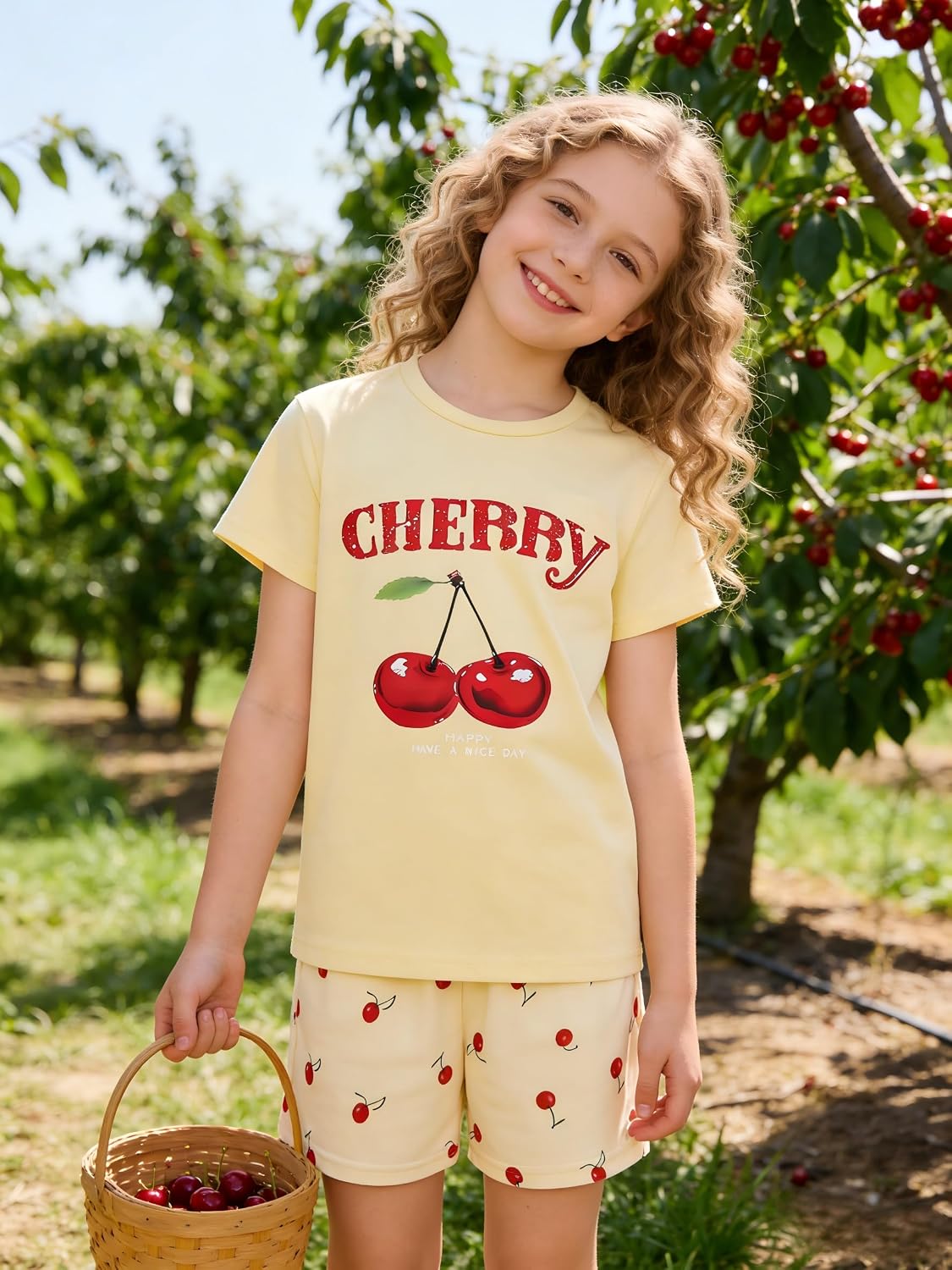 KIDLAGA Girls Two Piece Sets Cherry Pattern Short Sleeve Shirts and Shorts Set With Pockets Girls Summer Outfits Size 7-14