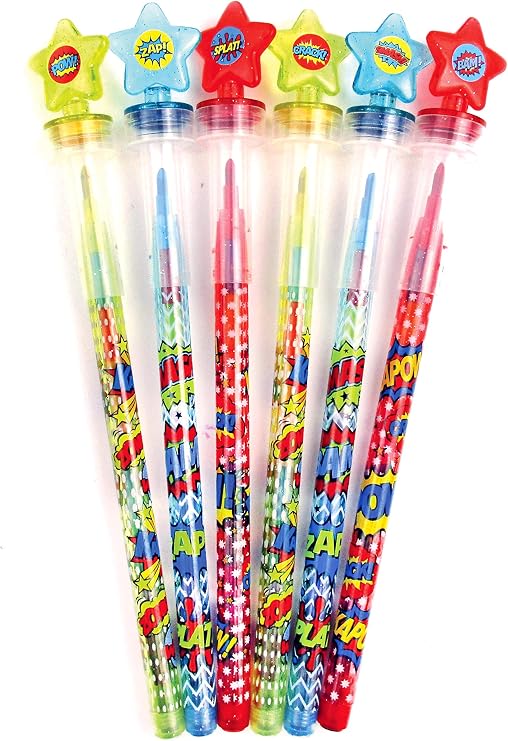 TINYMILLS 24 Pcs Superhero Rainbow Stackable Crayons with Stamper Toppers 2 in 1 Multi-Point Crayons, Superhero Party Favors, Classroom Rewards, Goody Bag Stuffers, Prizes