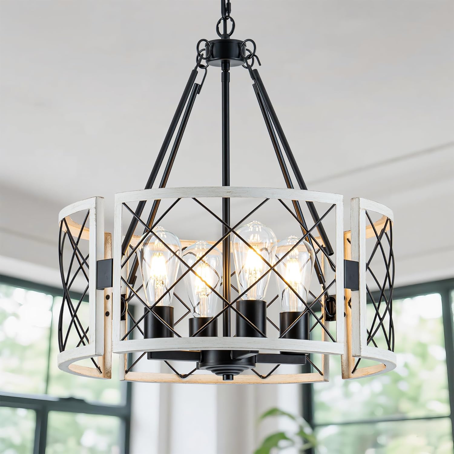D19" Modern Farmhouse Chandelier 4-Light Adjustable Pendant Light for Dining Room Light Fixture, Rustic Drum Hanging Chandeliers for Kitchen Island Entryway Foyer Bedroom Living Room,Black&White Oak