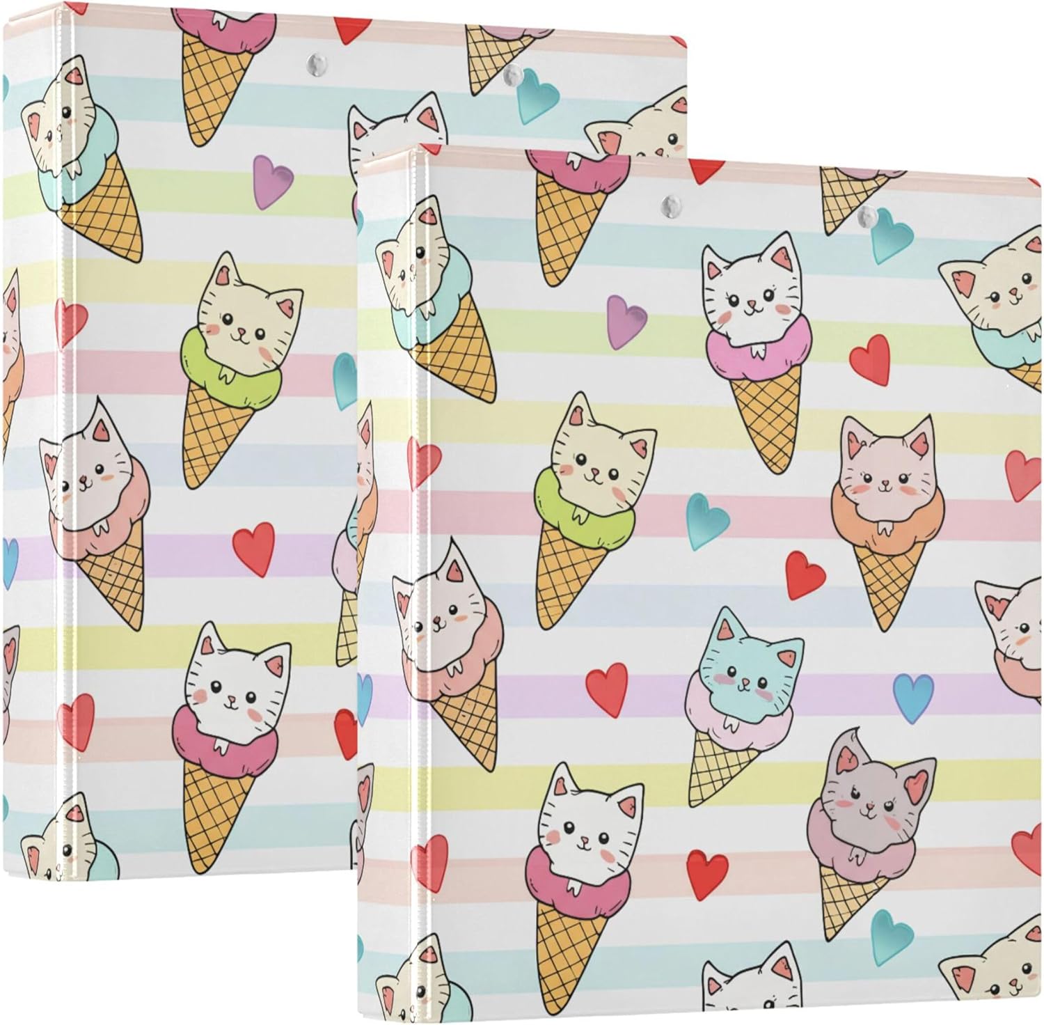 Cute Cone Cats 3 Ring Binders, 1.5” Round Ring Binders with Clipboard - Letter Size, 3 Interior PVC Clear Pockets & Anti-Slip Clip for Office School Supplies, 2PCS