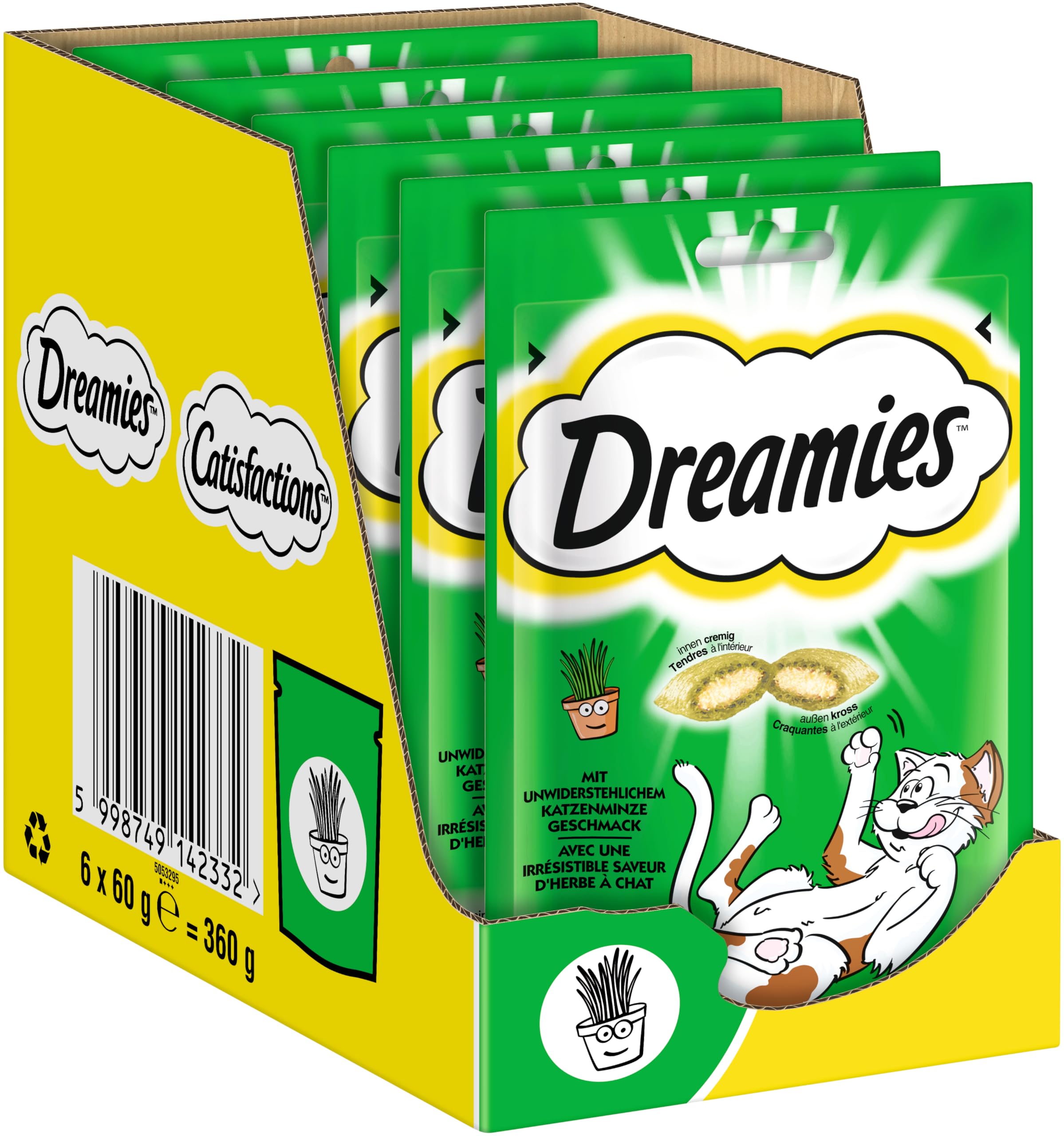DREAMIES Katzensnacks - 6x60g - mit Katzenminze - Traumhaft knusprige Katzen Leckerlies mit zarter Füllung