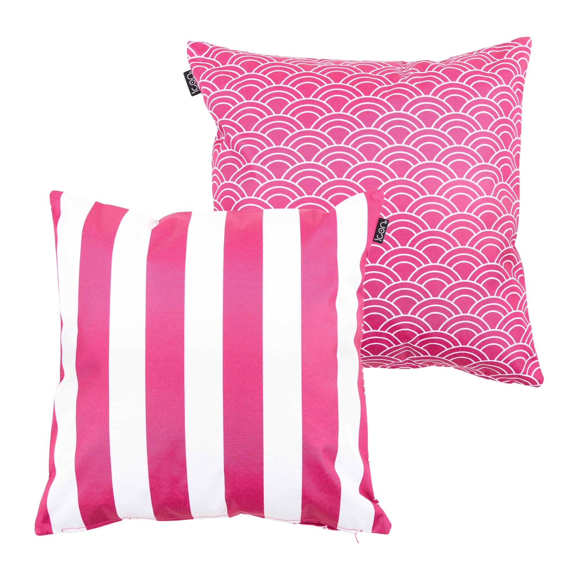 Bean Bag Bazaar Pink Outdoor Cushions Filled, Stripe Collection, Reversible Print, Set Of 2, 43Cm X 43Cm, Water Resistant, Outdoor Cushions For Garden Furniture, Garden, Patio
