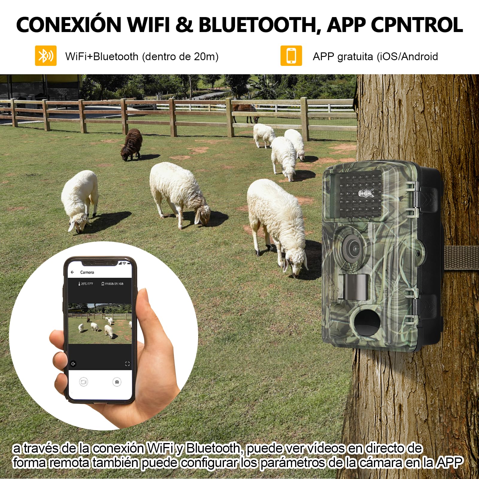 Camara Fototrampeo Caza 4K, WiFi Cámara de Caza con Tarjeta 32G, 120° Cámaras de Caza Vision Nocturna 2,0" LCD IP66 Cámara de Seguridad para Monitoreo de Vida Silvestre y Vigilancia del Hogar