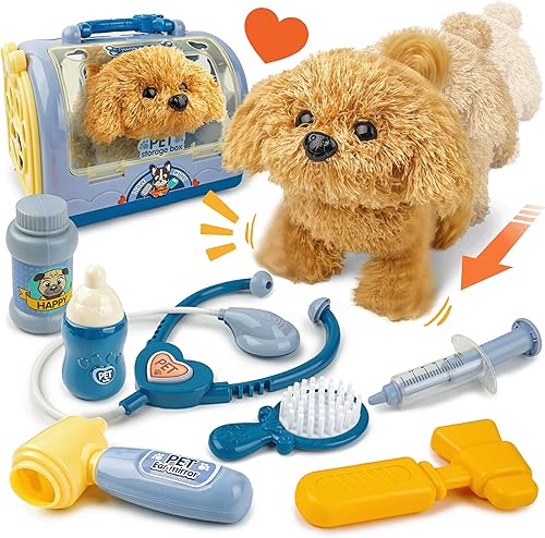 BELLOCHIDDO Toy Puppy for Kids Pretend Play Doctor Set with Electric Dog Interactive Vet Clinic and Cage Pretend Play 9 Piece Doctor Play Gift for