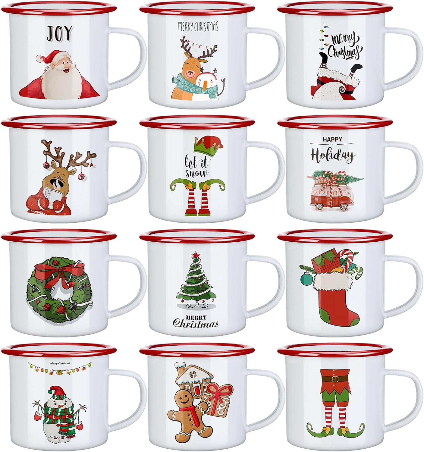 CHENGU Set of 12 Christmas Enamel Mug Gifts 12 oz Coffee Mug Merry Christmas Holiday Xmas Elements Designs Tea Drinking Cup Gifts for Family Friends Birthday Party Supplies Decor, white and Red Style