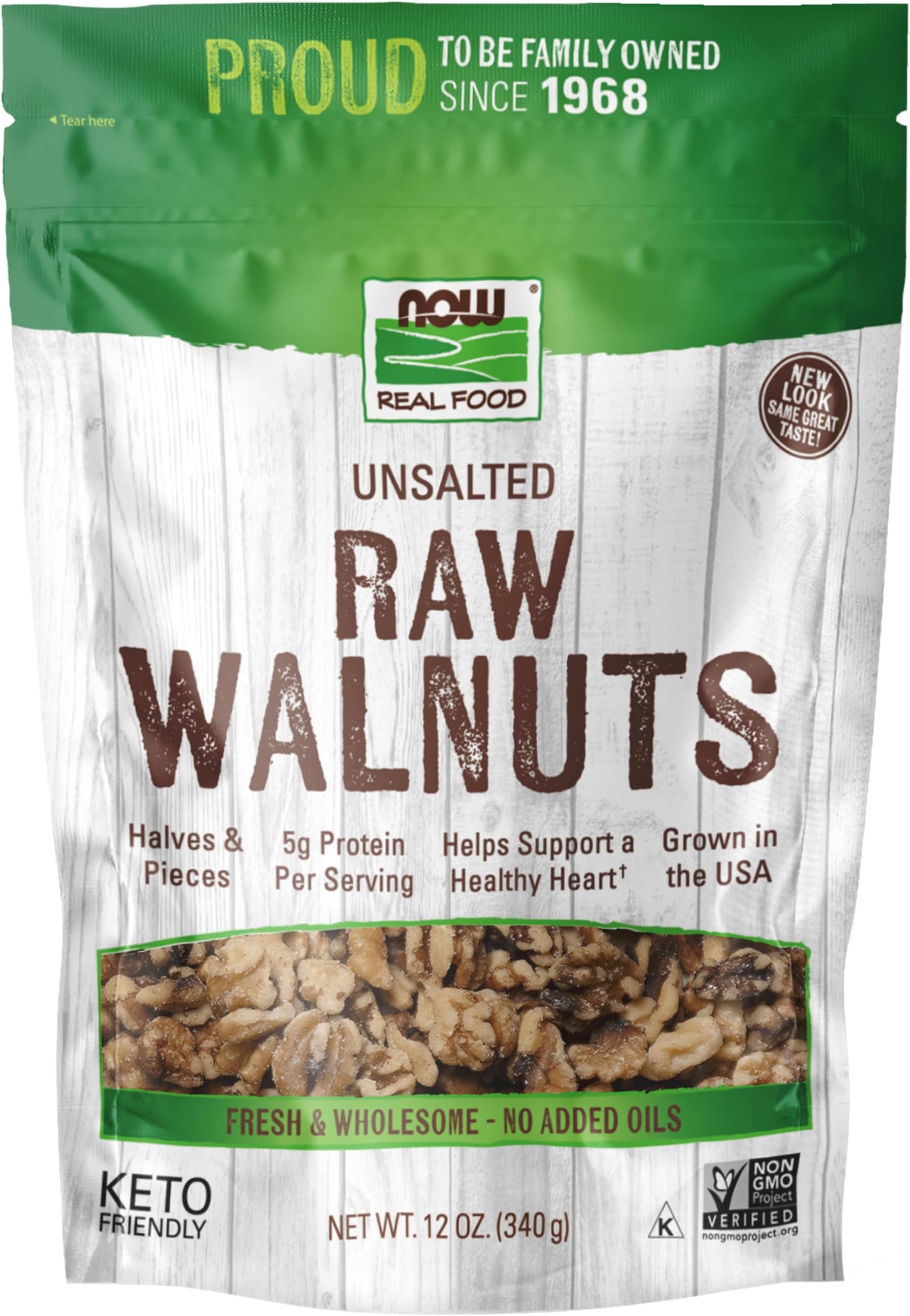 NOW Foods, Walnuts, Raw and Unsalted, Halves and Pieces, Natural Source of Protein and Essential Fatty Acids, Grown in the USA, Certified Non-GMO, 12-Ounce (Packaging May Vary)