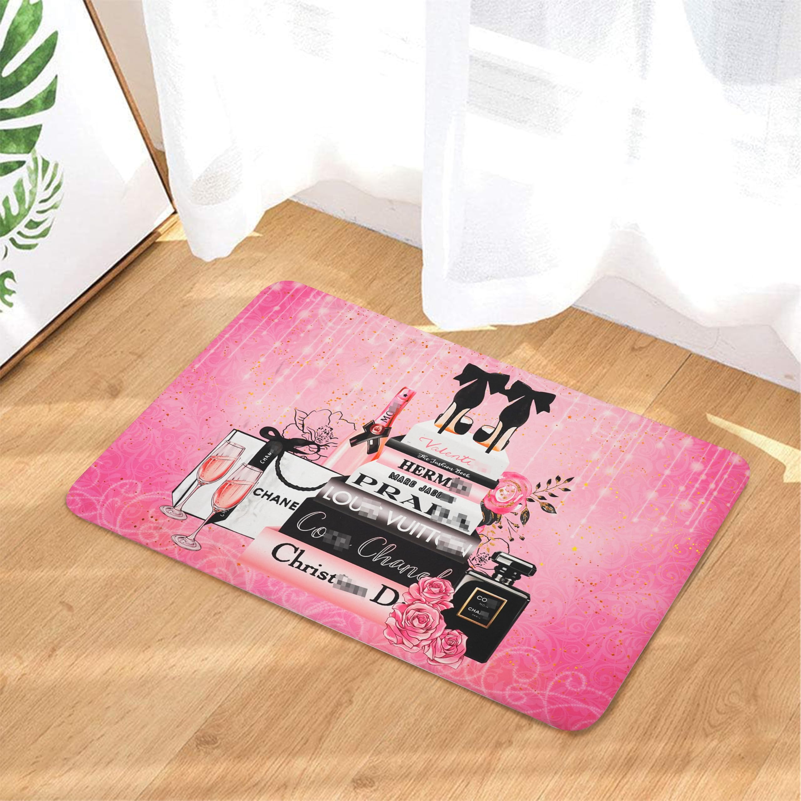 MULTIC Pink Bathroom Rugs, Girly Fashion Book Floral Perfume Bath Mat, Suede Absorbent Pink Bathroom Decor Floor Mat with Non Slip Rubber Backing, 17
