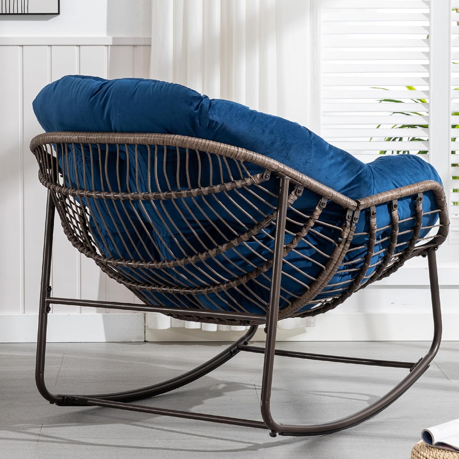 KEIKI Oversized Patio Lounge Chair-Outdoor Rattan Egg Reading Chair, Indoor Padded Cushion Papasan Rocking Chair W/Steel Frame, Porch Rocker Chairs Furniture for Garden Lawn, Blue Spun-Polyester