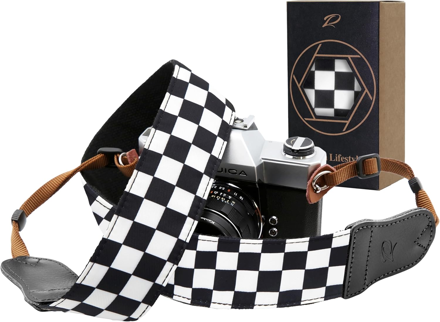 Black and White Plaid Camera Strap