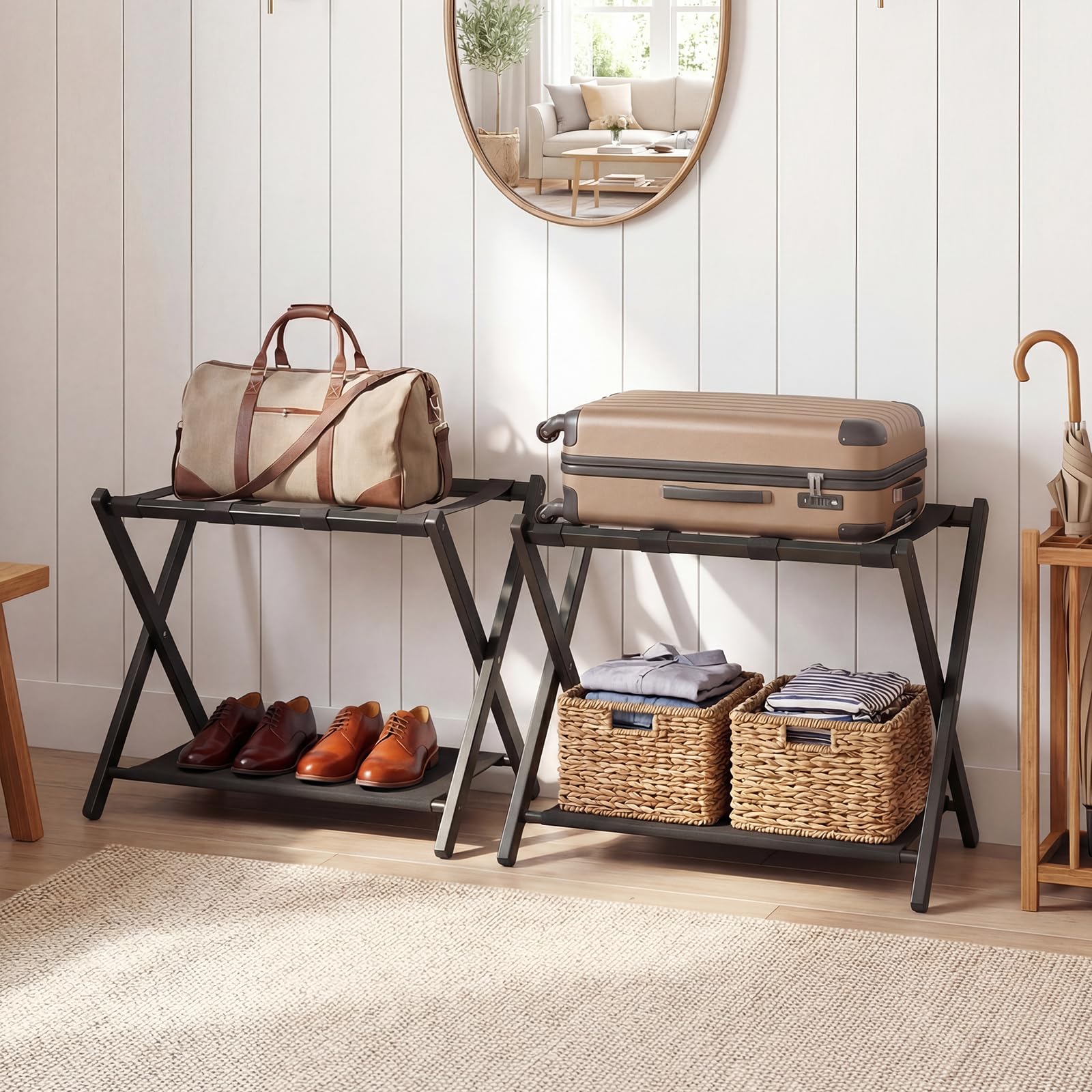 COSTWAY 2 Pz Portavaligia Pieghevole in Bamboo con Cinghie, Tessuto Oxford, Portata 65 kg, Nero