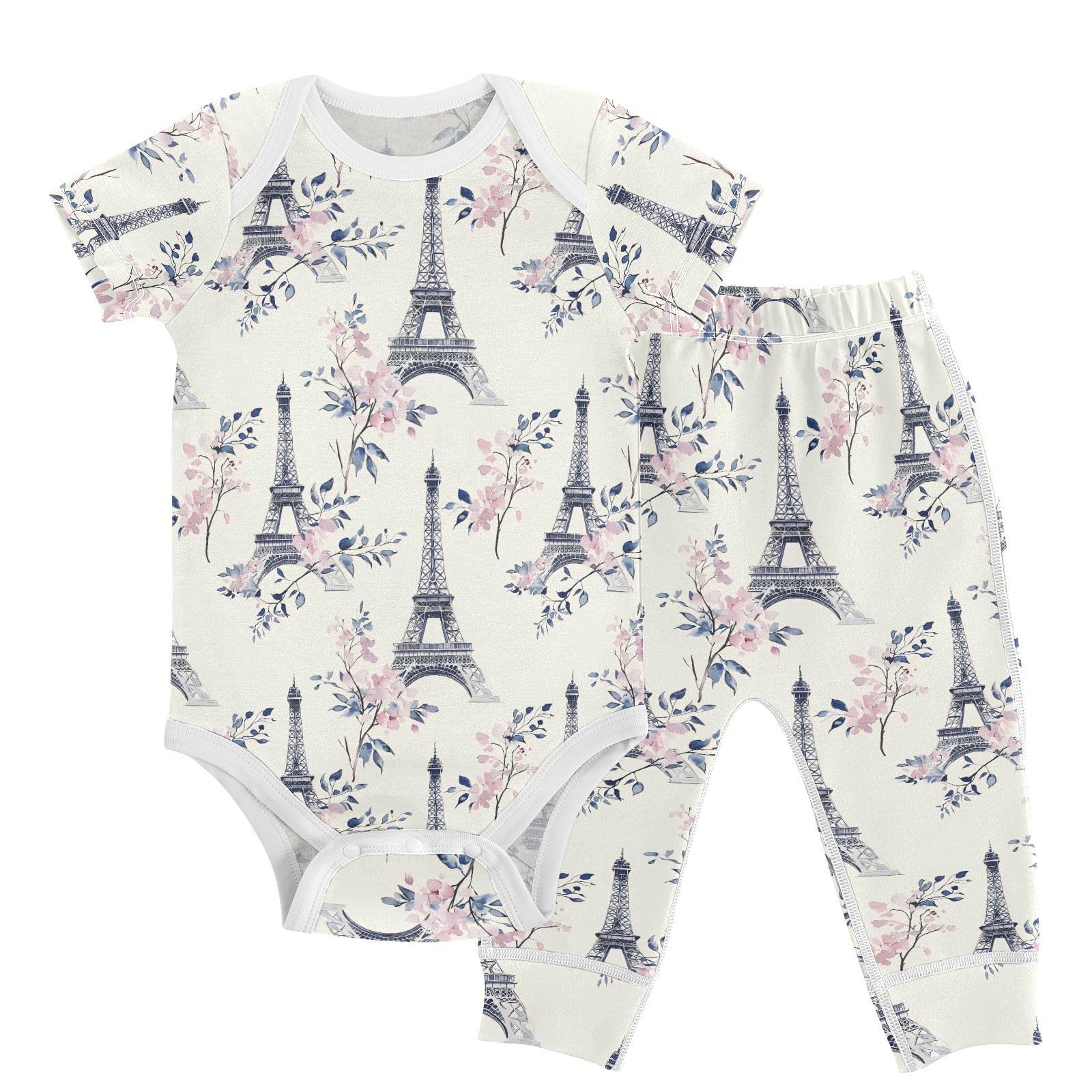 vvfelixl Retro Eiffel Tower Baby Layette Sets,Baby Bodysuits Set Unisex Short Sleeve Babys Pants Sets 9-12M