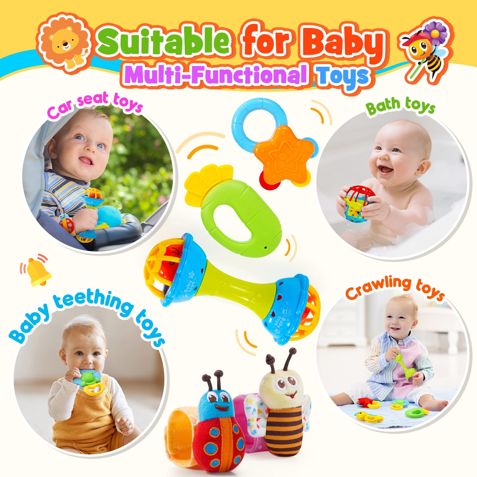 14 Pezzi Sonaglio Neonato 0-12 Mesi, Giochi Neonato 0 3 6 9 12 Mesi Giochi Dentizione Neonati Giochi 0-3-6-9-12 Mesi Regalo per 0-9 Mesi Montessori Giocattoli 0-12 Mesi Giochi Sensoriali per Neonati