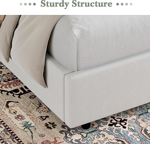 Miniatura 7 de HOMBCK Base de cama Queen blanca, base de cama de plataforma tapizada en terciopelo con cabecero, diseño de respaldo curvado con alas, listones de