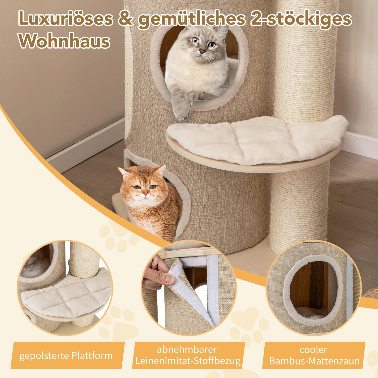COSTWAY Kratzbaum, Katzenbaum mit 2-stöckiger Kratztonne, Hängematte, abnehmbarem Bett, Sisalbrett, Spielball, Katzenkratzbaum Katzen Katzenmöbel, Kletterbaum Aktivitätsbaum, Beige+Natur