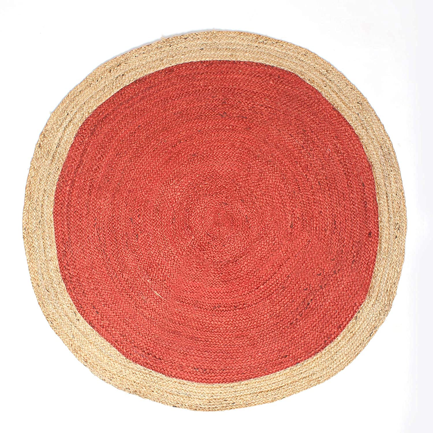 Alfombra india de yute natural trenzada hecha a mano, color rojo, alfombra de yute para sala de estar, alfombra de yute bohemia y elegante, tamaño de 3 x 3 pies, redonda (90 cm x 90 cm)