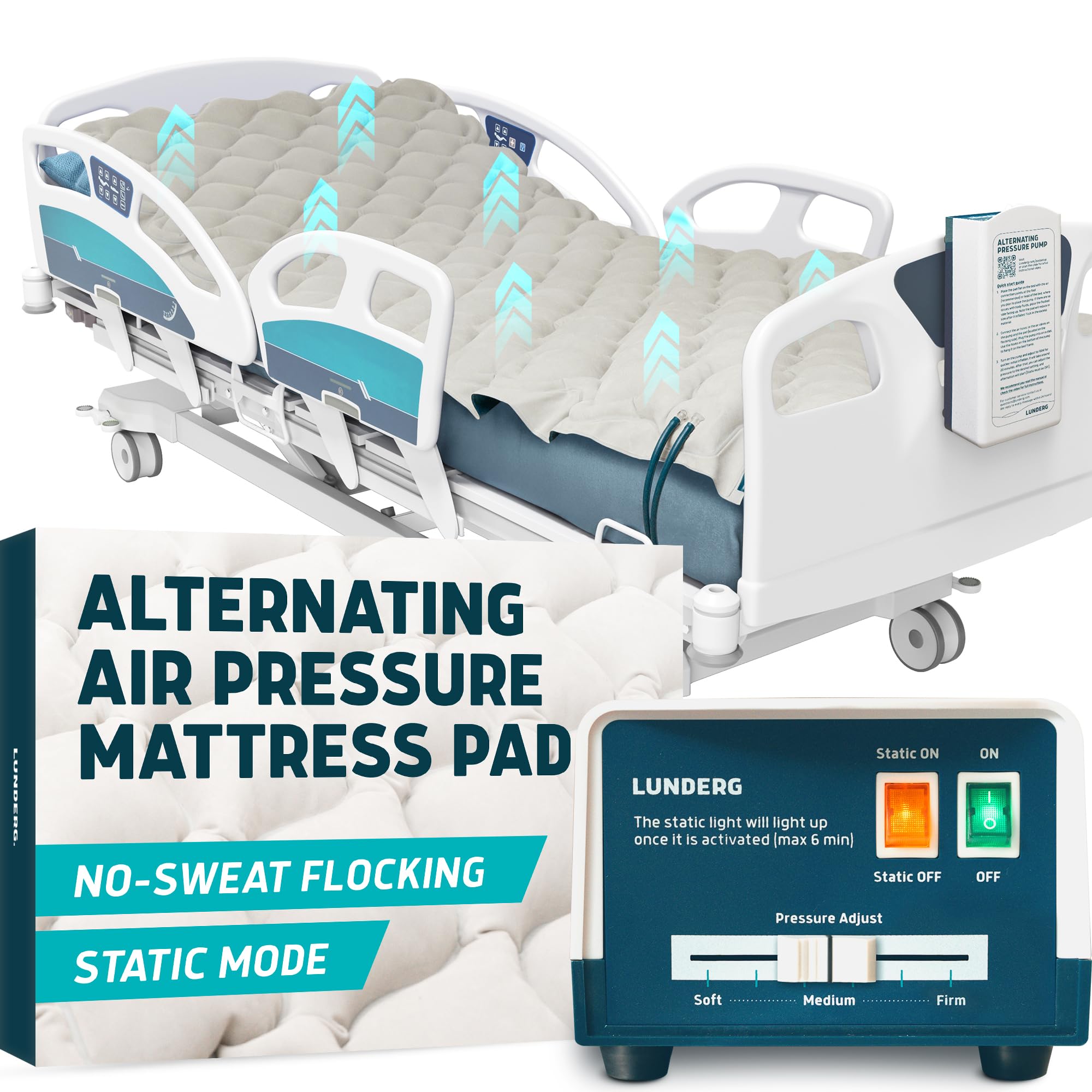 Lunderg Alternating Air Pressure Mattress Pad with Static Mode & Flocking - Comfortable Bed Sore Prevention - Includes Mattress Topper for Hospital Bed or Home & Quiet Pump - Recommended by Doctors