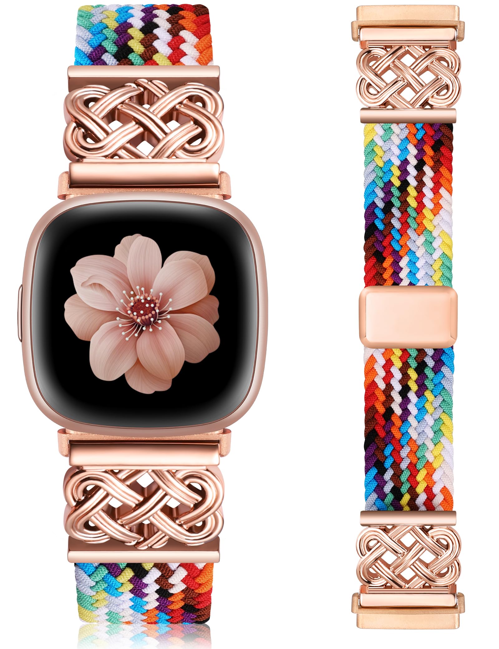 TOYOUTHS Braided Magnetic Strap Compatible with Ftibit Versa 4/Versa 3/Sense 2/Sense Women Men, Celtic Knot Stretchy Elastic Nylon Woven Sport Loop Band for Versa 4, Multicolor/Rose Gold