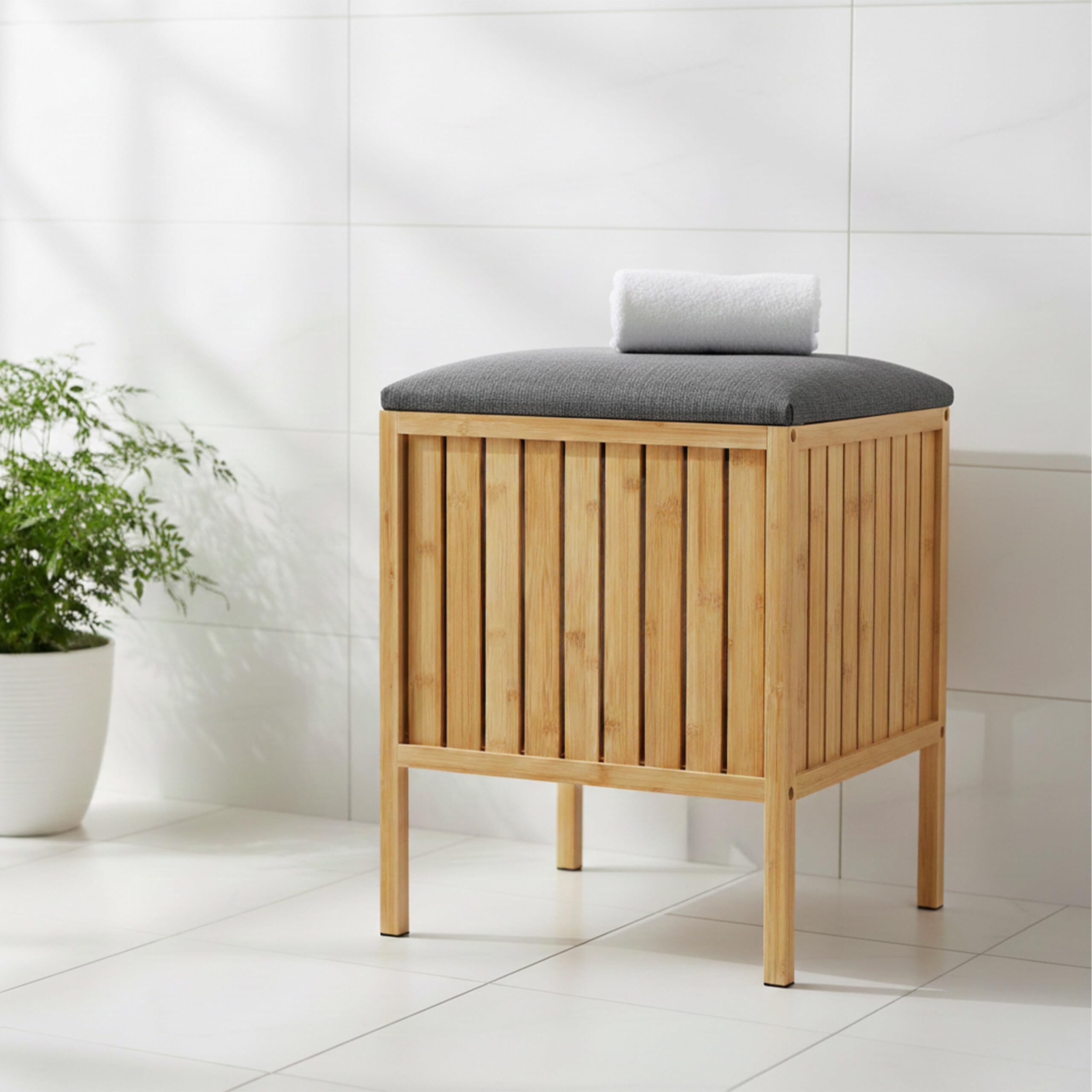 Relaxdays Cesto Biancheria in bambù con Coperchio Imbottito e Seduta, 52x39x39 cm, Naturale/Grigio