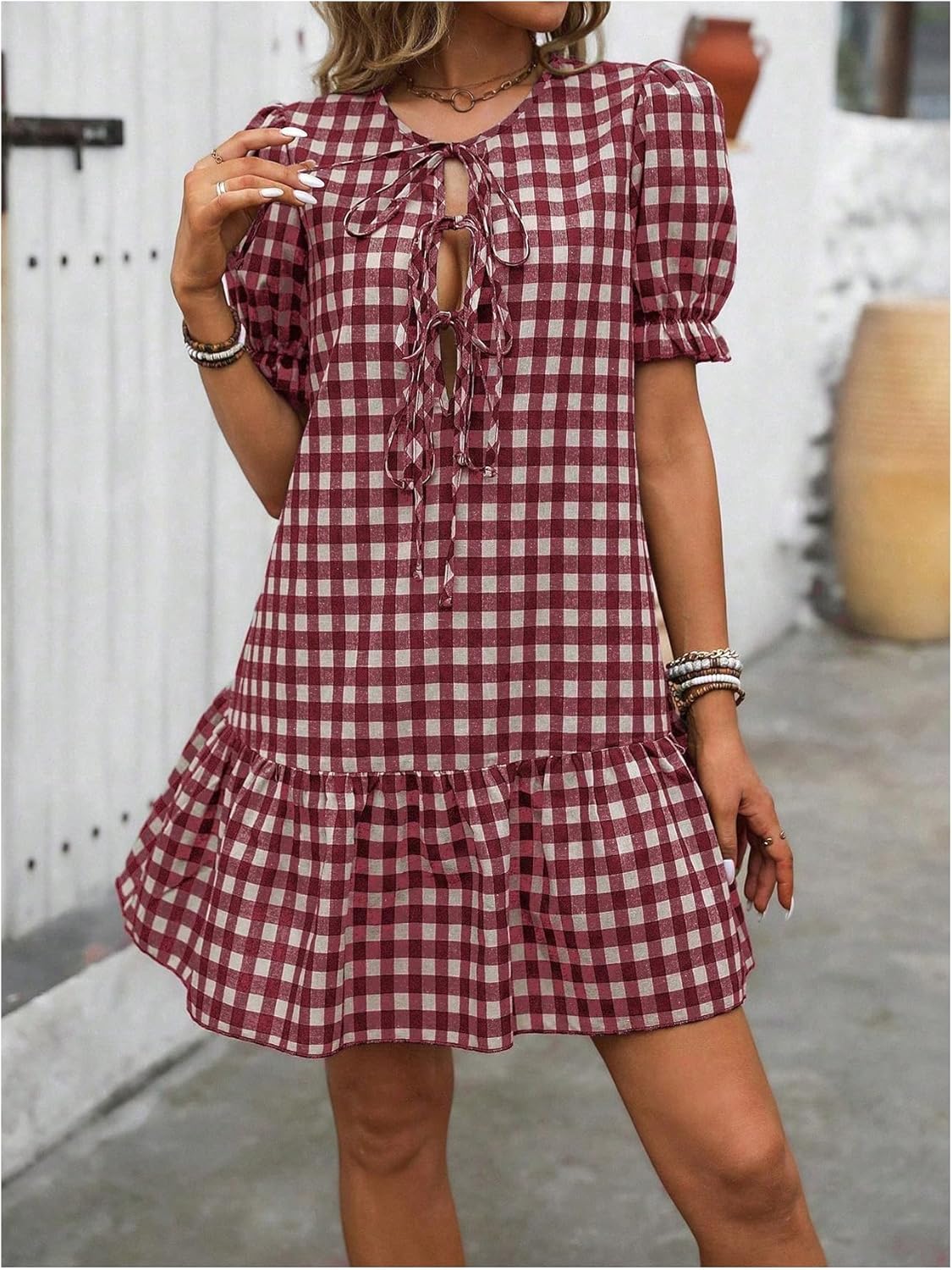 Floerns Women's Summer Puff Sleeve Gingham Ruffle Dress Tie Front Flared Short Dresses - Image 4