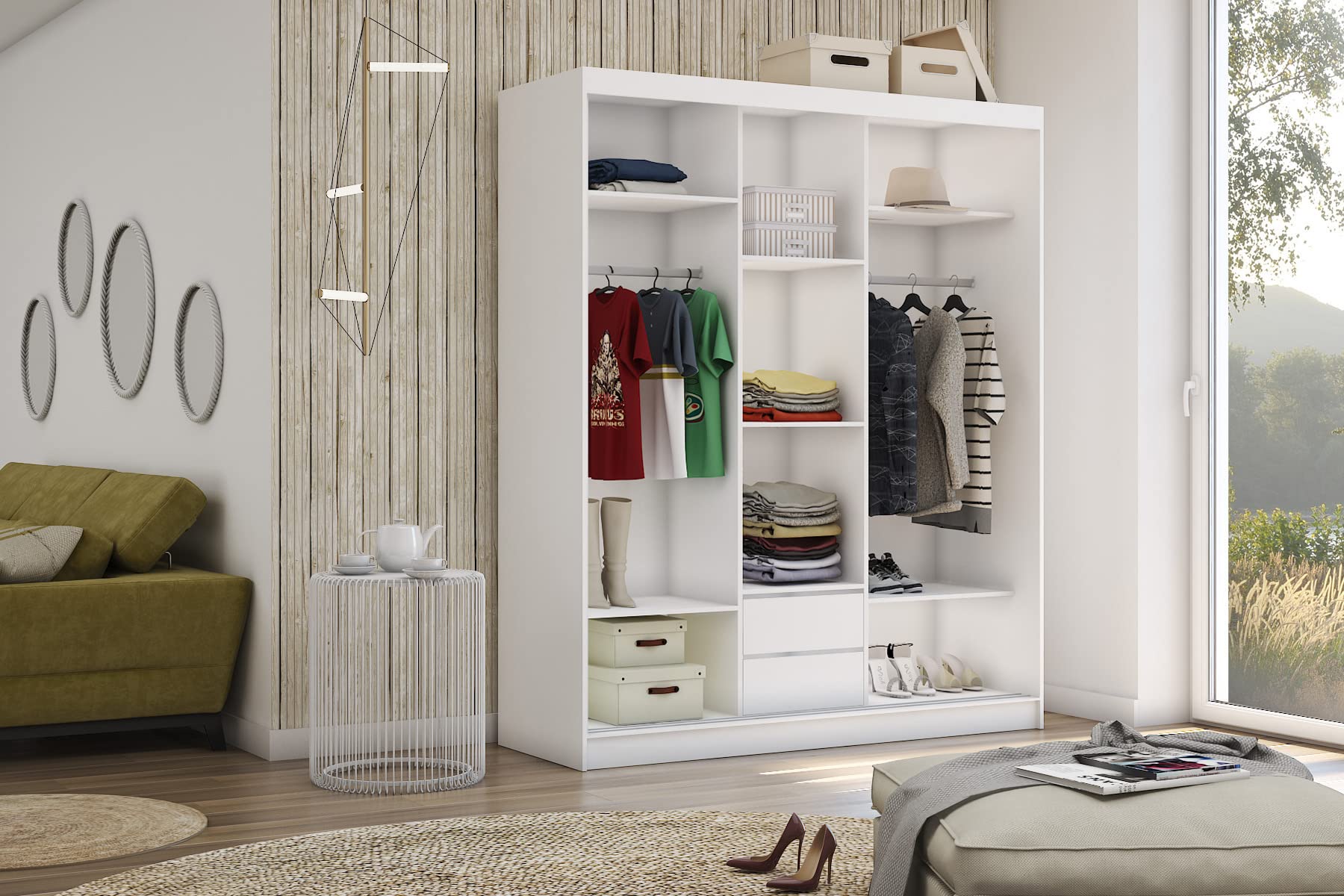 Kleiderschrank Darix mit Spiegel, Organizer, Mehrzweckschrank, Schwebetürenschrank, Garderobenschrank, Kleiderstange, Kleiderständer, Flurschrank, 3-türig, Schrank, weiß, 180 cm