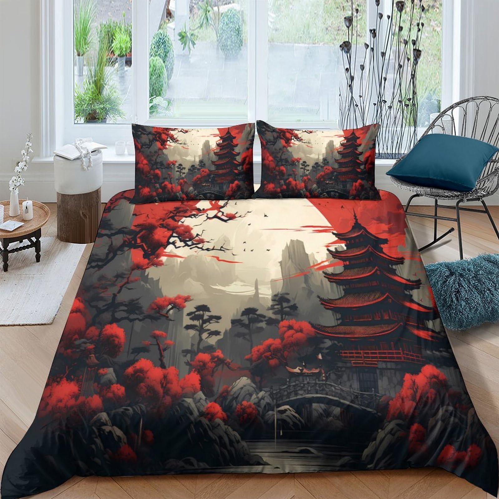 Ctjqhvkz Style-1 3D Printed Japanese Pagoda Fitted Sheet Microfiber Red Maple Forest Mattress Cover For Bedroom Decor Protection Single（135X200cm）