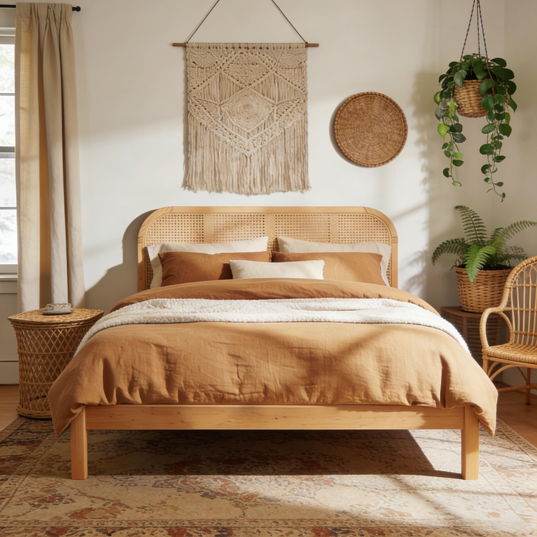 Photo 1 of *PARTIAL SET - See Clerk Notes*
Merax Queen Size Natural Wood Bed Frame with Rattan Headboard, Boho Platform Bed Frame with Sturdy Wooden Slats Support, No Box Spring Needed, 800lbs Capacity, Noise-Free, Easy Assembly