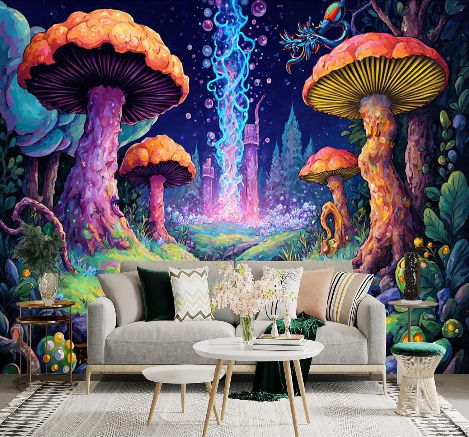 XLMING Fantasy Colourful Forest Mushrooms River 3D Wallpaper Premium Textured Silk Study Dining Living Room Bedroom Sofa TV Wall Easy Install-350cm×256cm