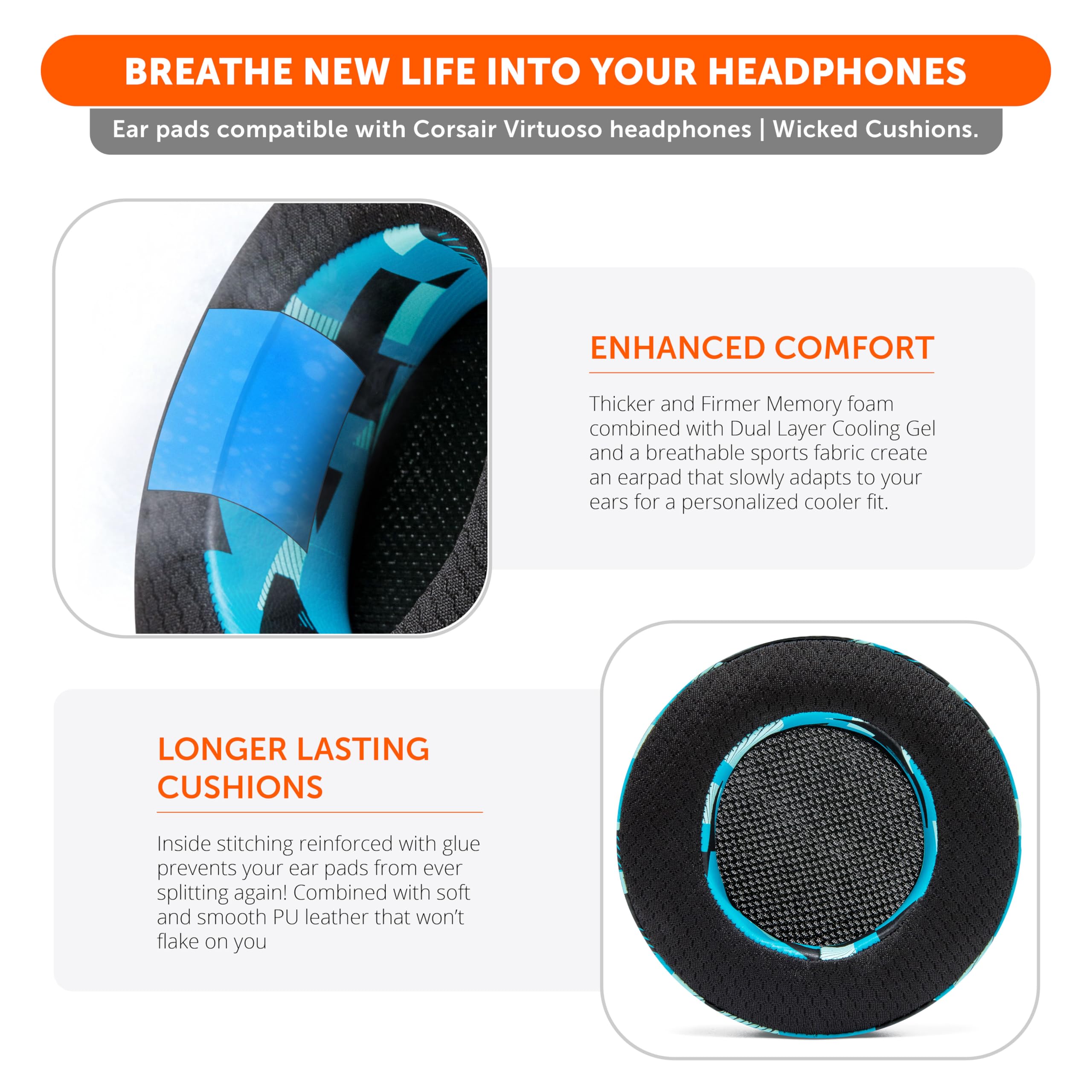 WC Freeze Virtuoso, Hybrid Fabric Cooling Gel Replacement Earpads for Corsair Virtuoso Gaming Headset Made by Wicked Cushions - Image 4
