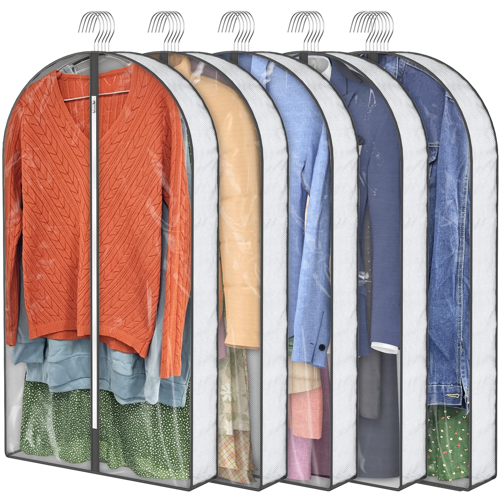 40" Garment Bags, Clear Clothes Covers with 4" Gussetes for Hanging Clothes Closet Storage, Breathable Protector for Suits Coat, Jacket, Sweater, Shirts, 5 Packs