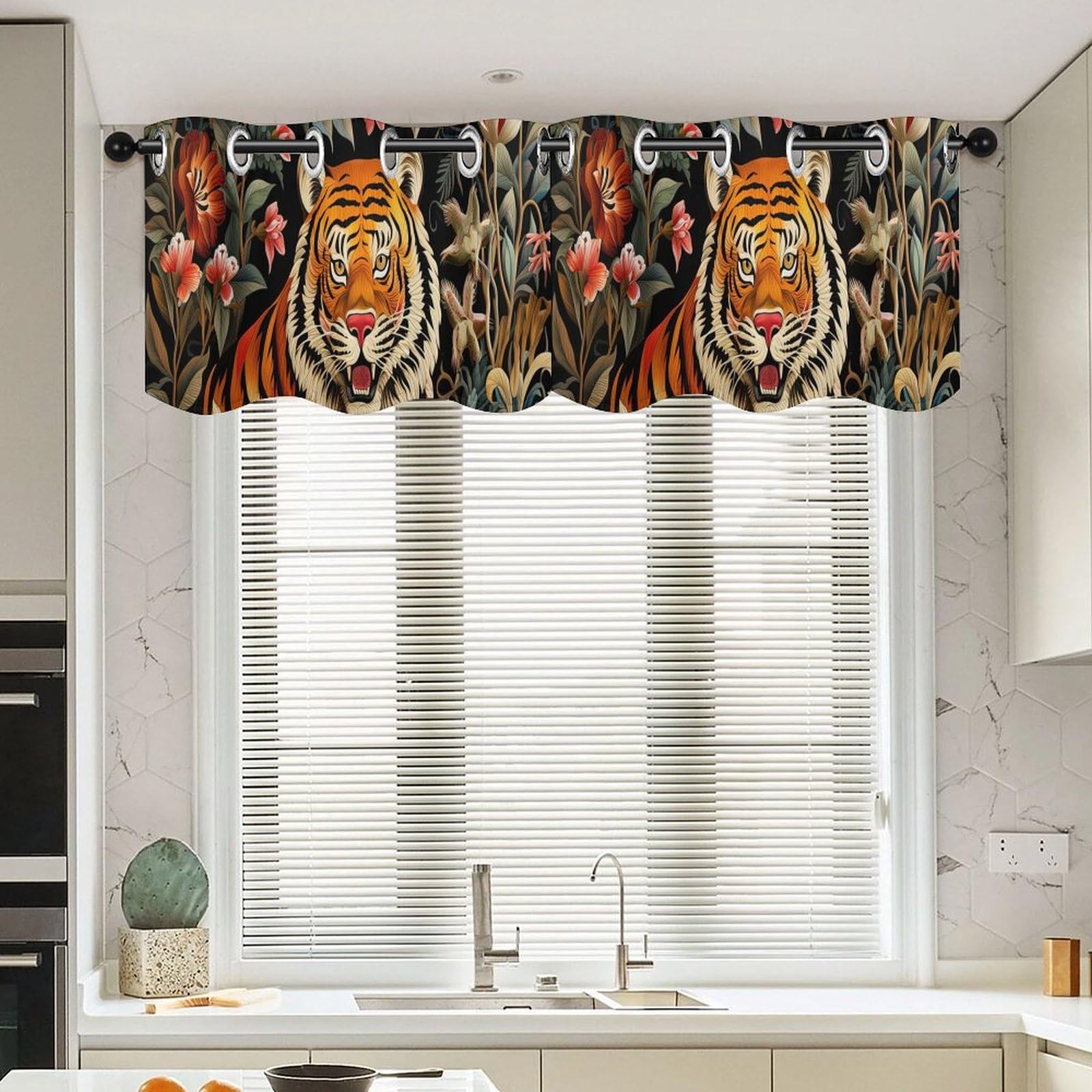 Cortinas cortas con cenefa floral de tigre de 52x18" que decoran y dan privacidad a tu cocina