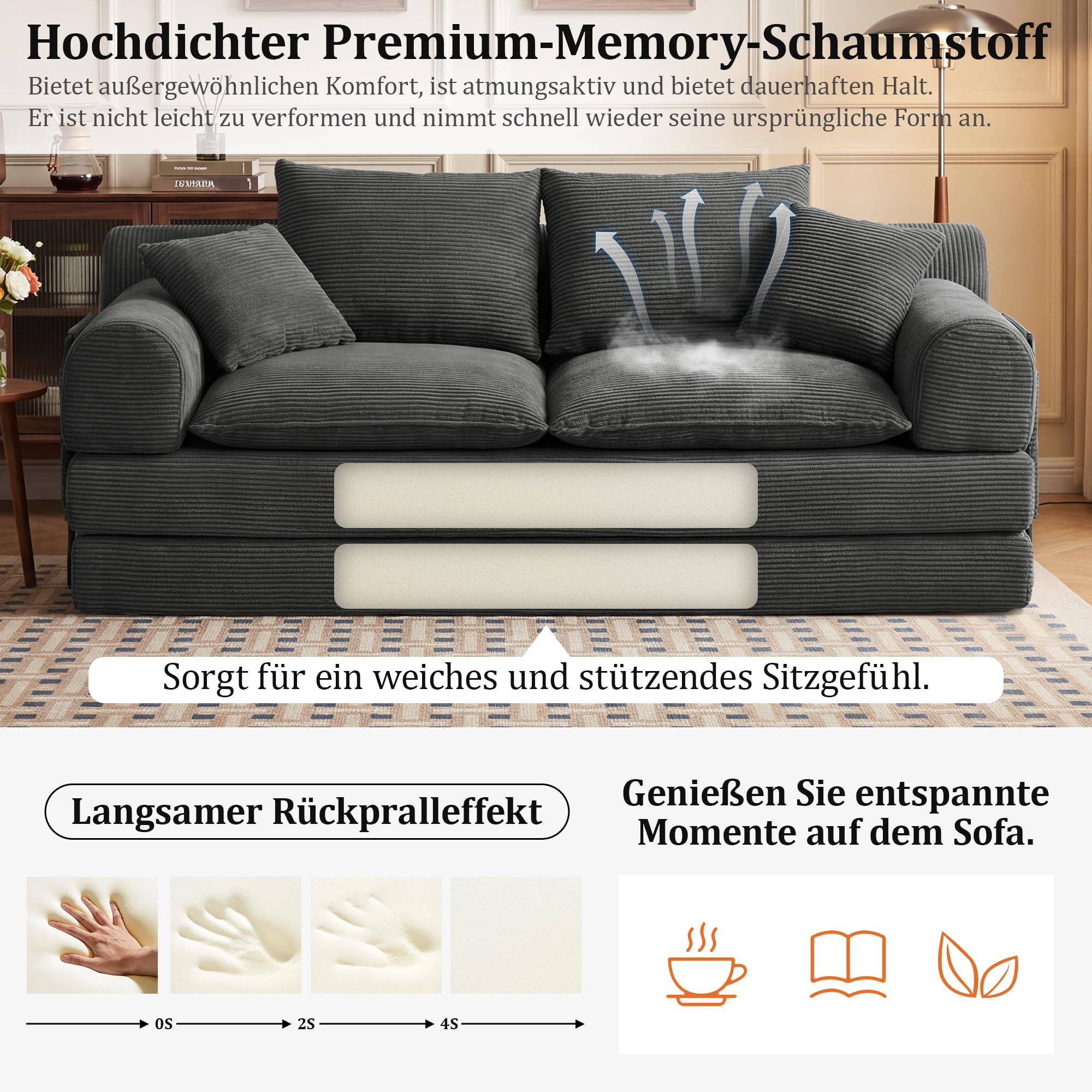 Vipbear 201x90x73cm Convertible Schlafsofa Bett, 5-in-1 klappbare Futon Couch mit Aufbewahrungstaschen, 3 Sitzer Corduroy Boden Couch Loveseat mit Ausziehbett für Wohnzimmer, Schlafzimmer, Grau
