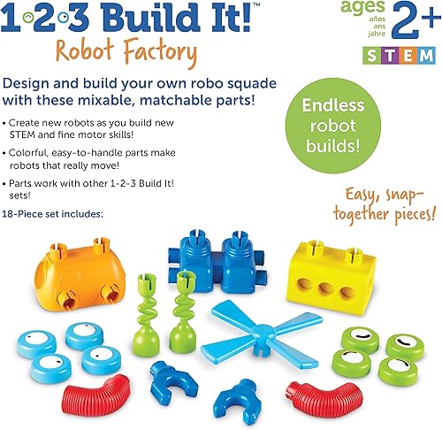 Miniatura 7 de Learning Resources 1-2-3 Build It! Robot Factory, juguete de motor fino, juego de construcción de robot para niños unisex a partir de 2 años, verde