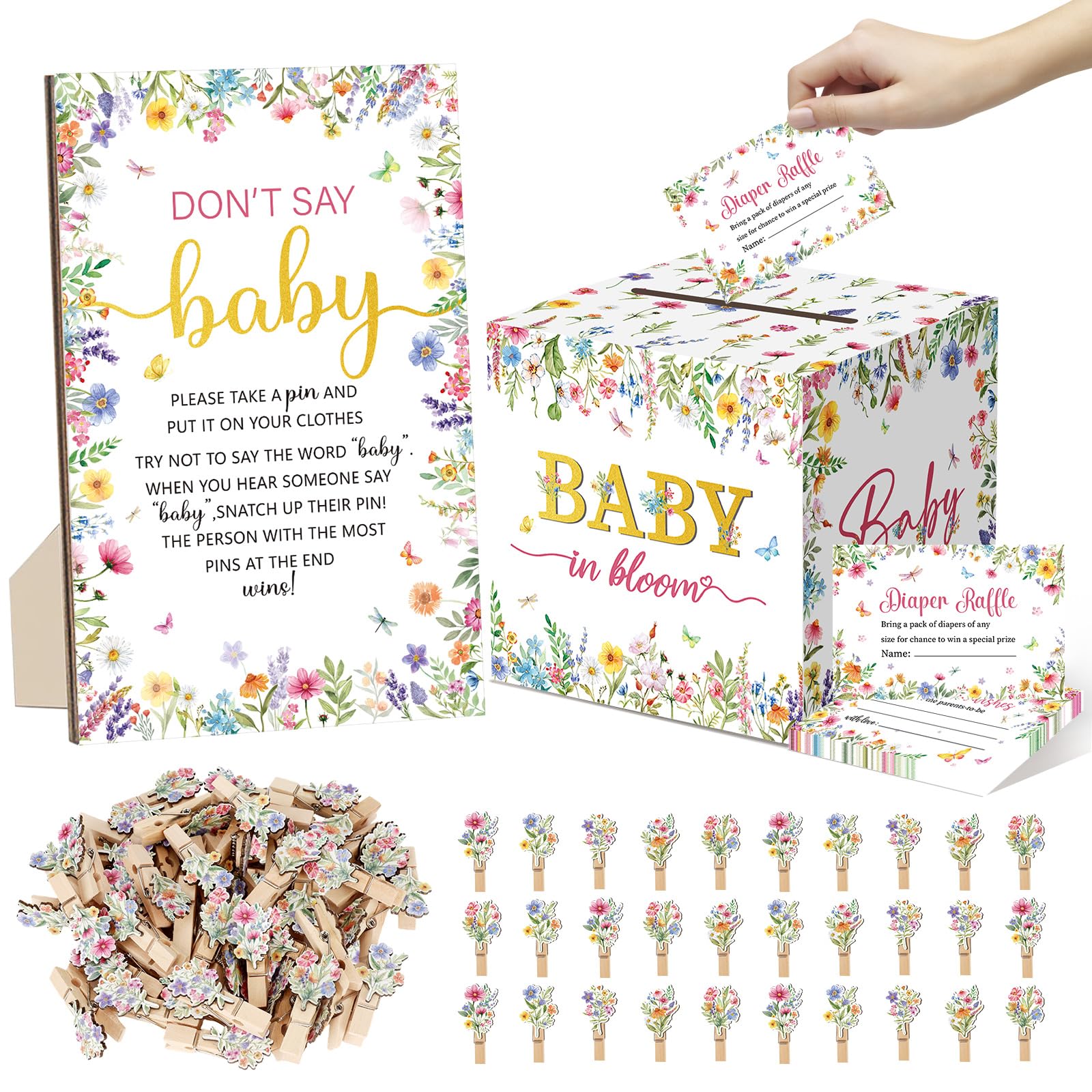 102 Pcs Wildflower Baby Shower Game Supplies Include 50 Diaper Raffle Tickets,1 Diaper Raffle Card Box,1 Don't Say Baby Sign and 50 Wildflower